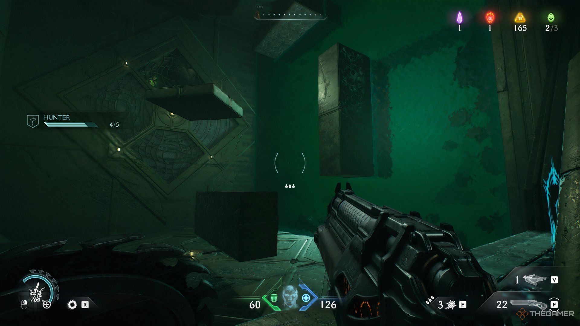 Doom Slayer looking at the block layout in Doom: The Dark Ages. One block is in the center, another on the right wall and flat one at the top.
