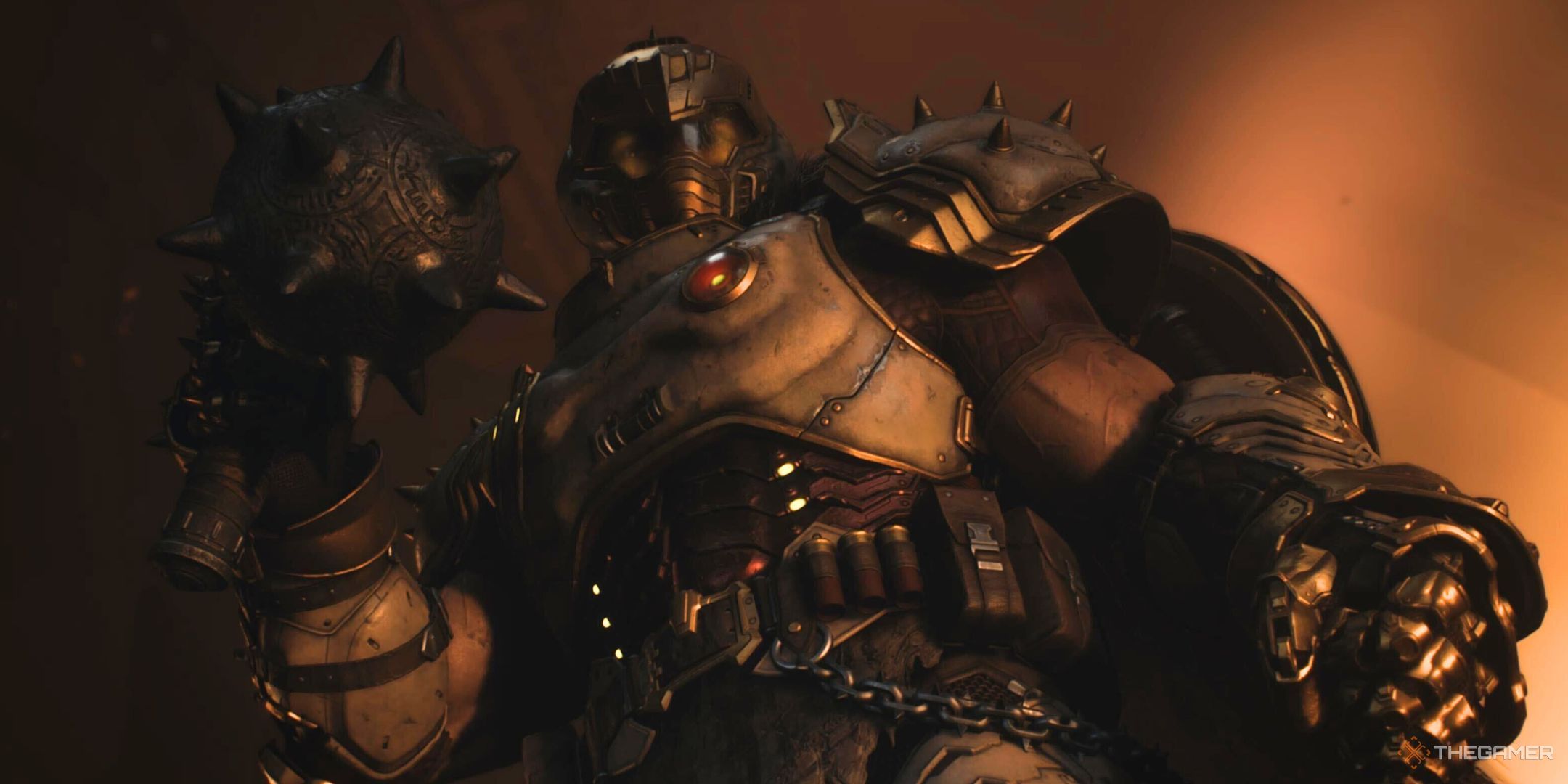 The Doom Slayer looking angry with a flail in Doom: The Dark Ages.