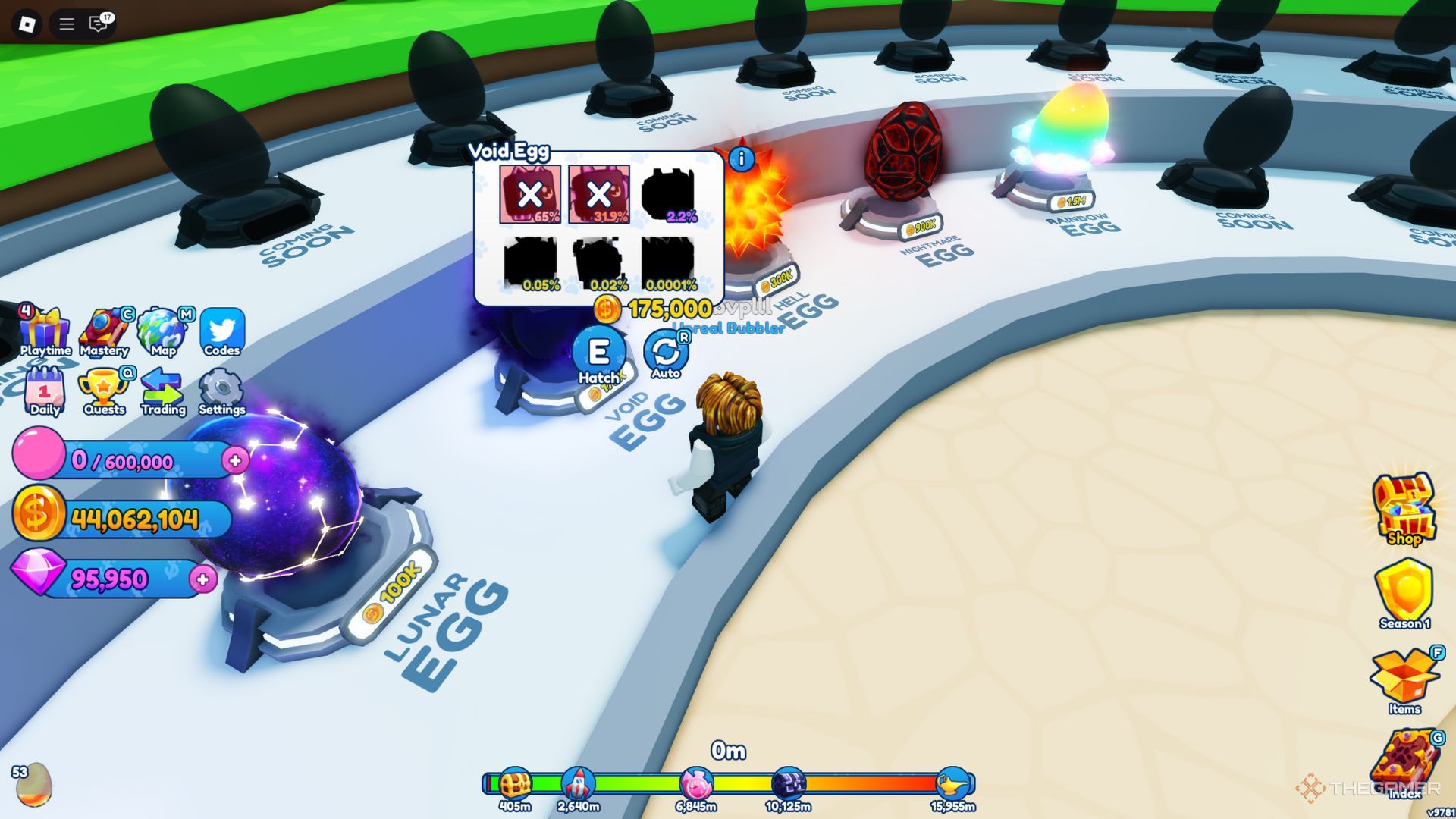 The role of the player shows eggs in the egg section in the Starter Area in the Bubble Gum Simulator Infinity.