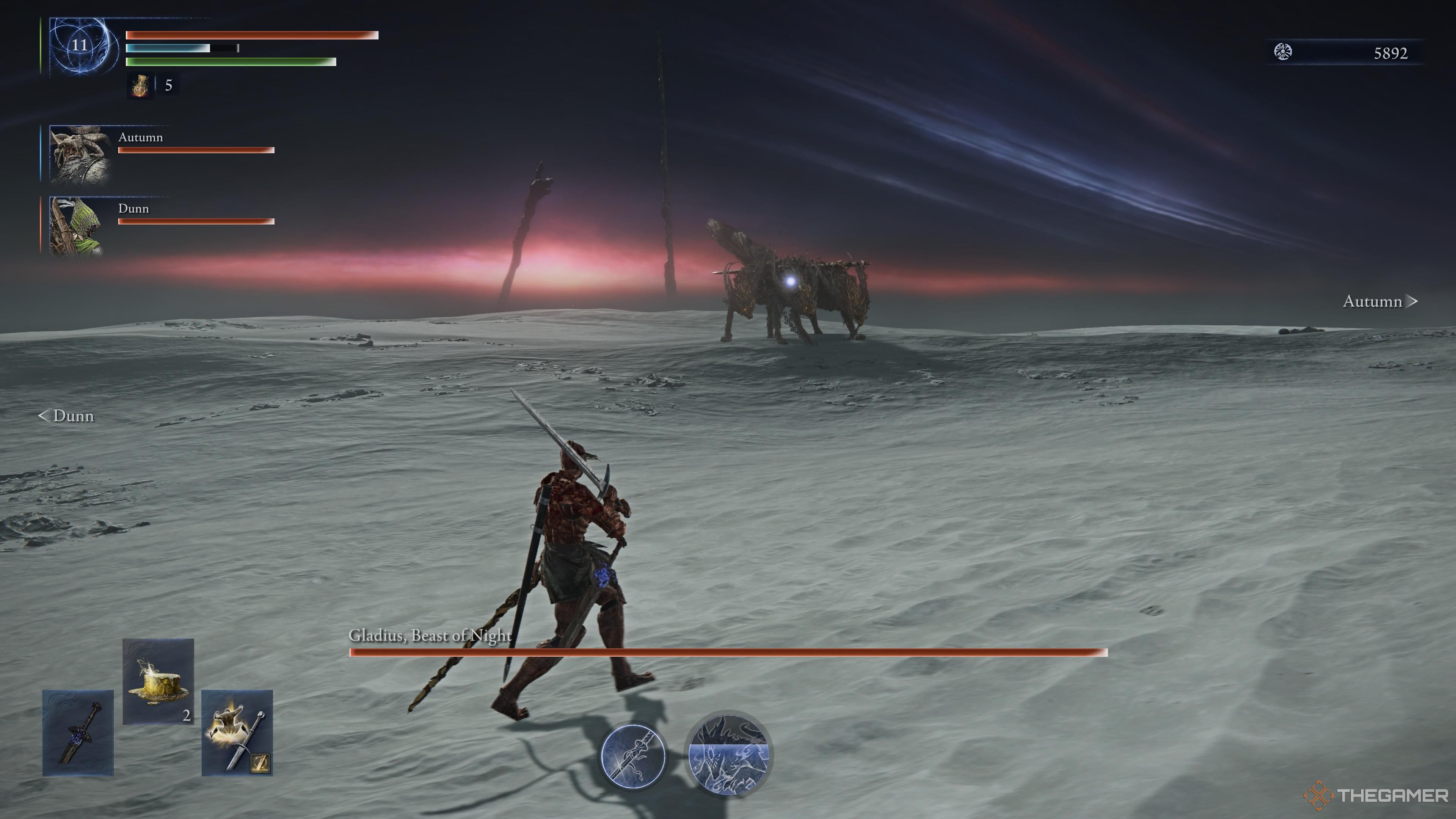A player in the fight against Gladiats in Eldon Ring Knight Traigan.