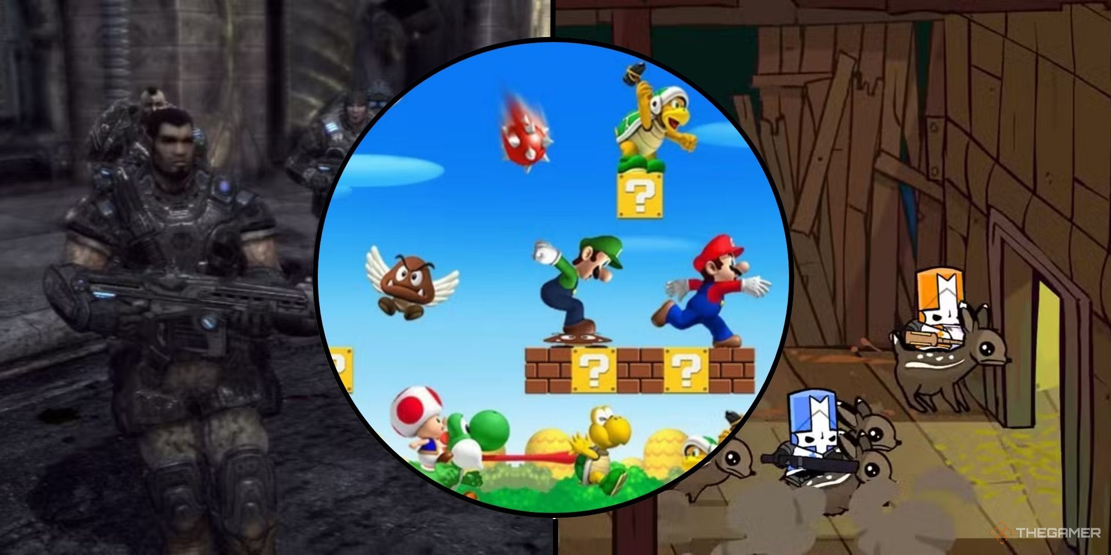 Featured image containing images of New Super Mario Bros Wii, Gears of War 2. and Castle Crashers.
