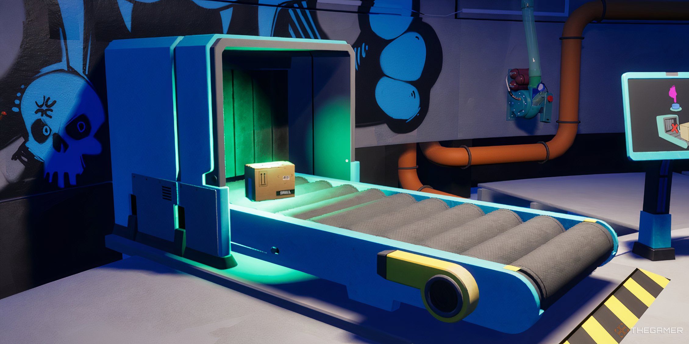 View of a box rolling down a blue conveyor belt with a green light on it signaling a correct delivery in Cash Cleaner Simulator.