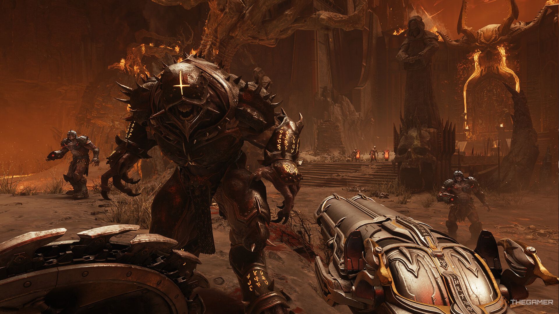 Fighting off demons with a super shotgun in Doom The Dark Ages.