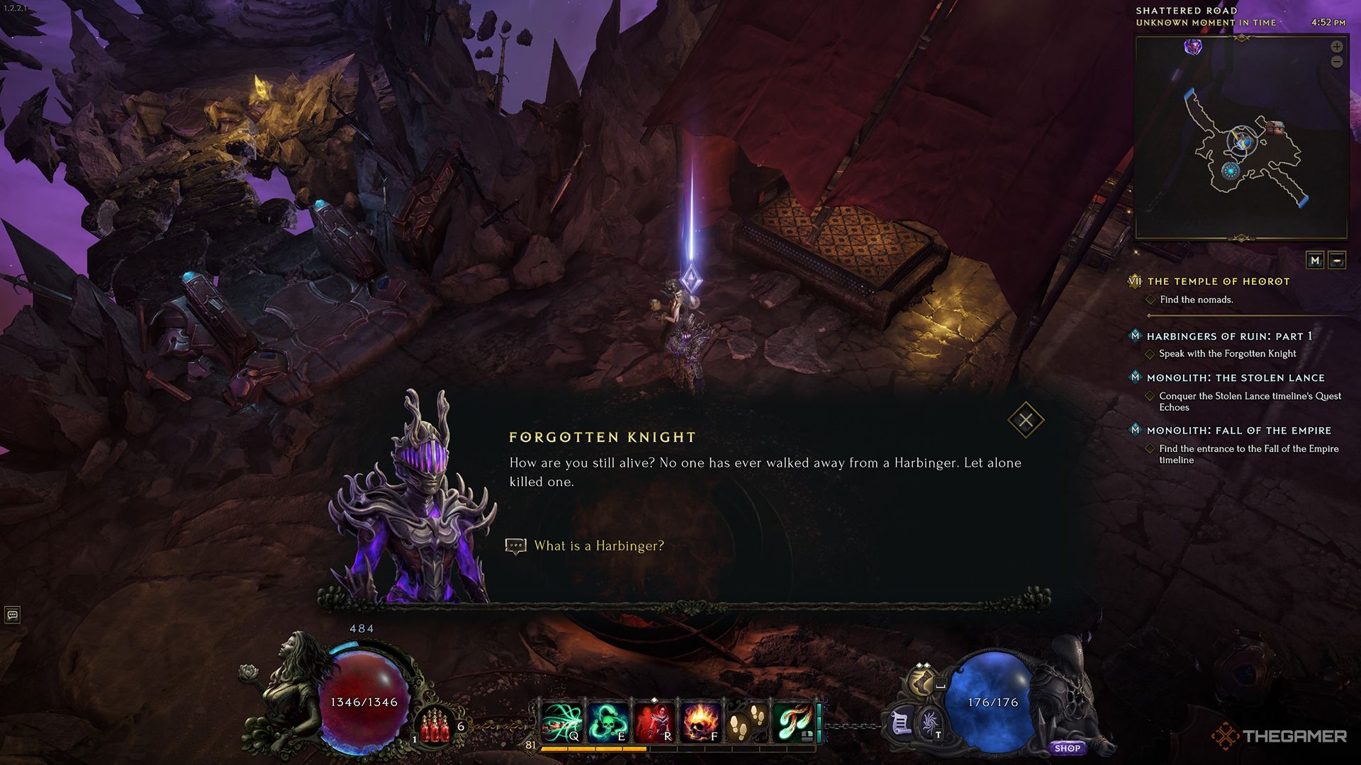 A Warlock speaking to the Forgotten Knight at the Shattered Road in Last Epoch.
