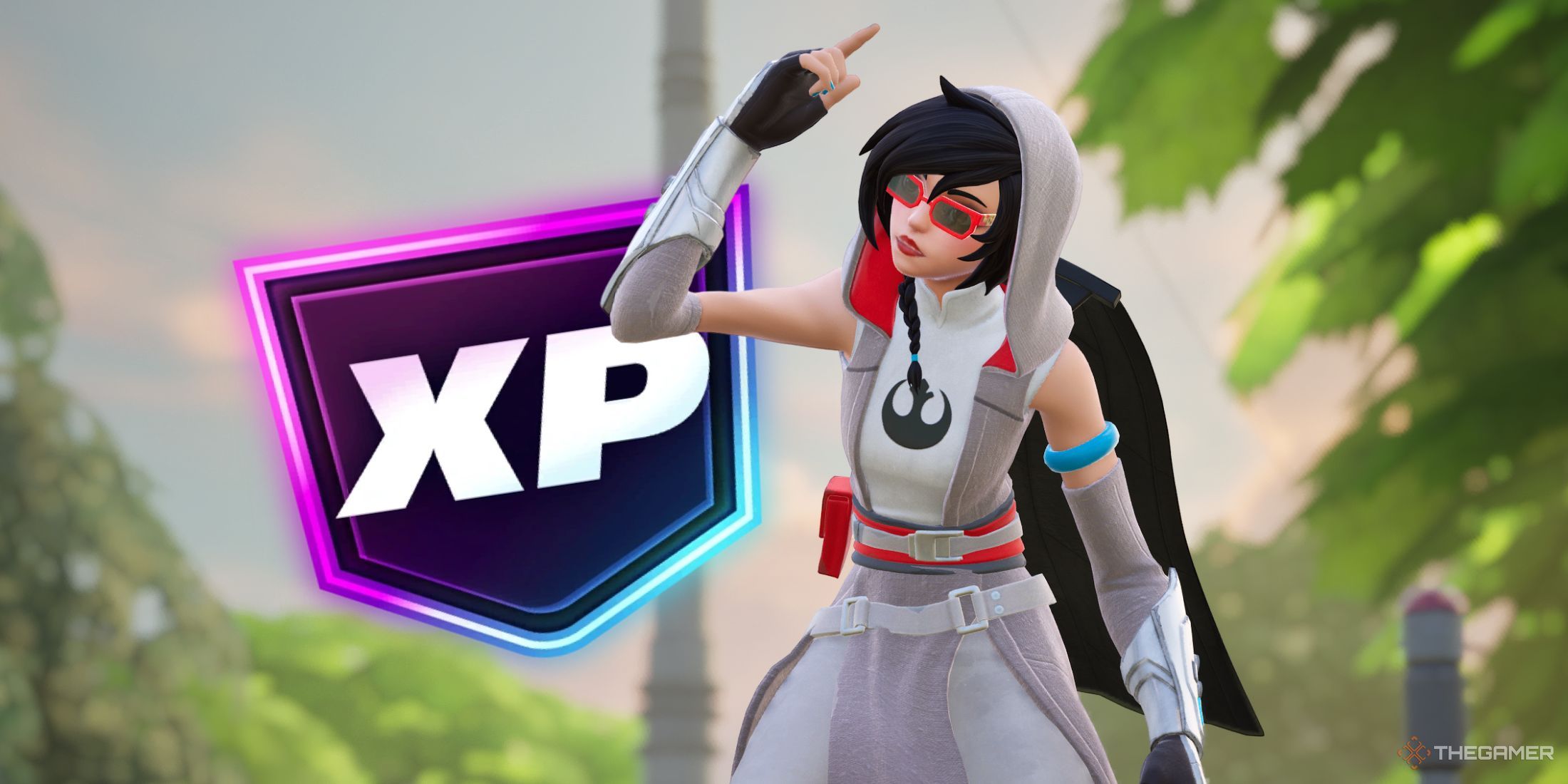 The Fortnite character is dancing in front of the XP symbol.