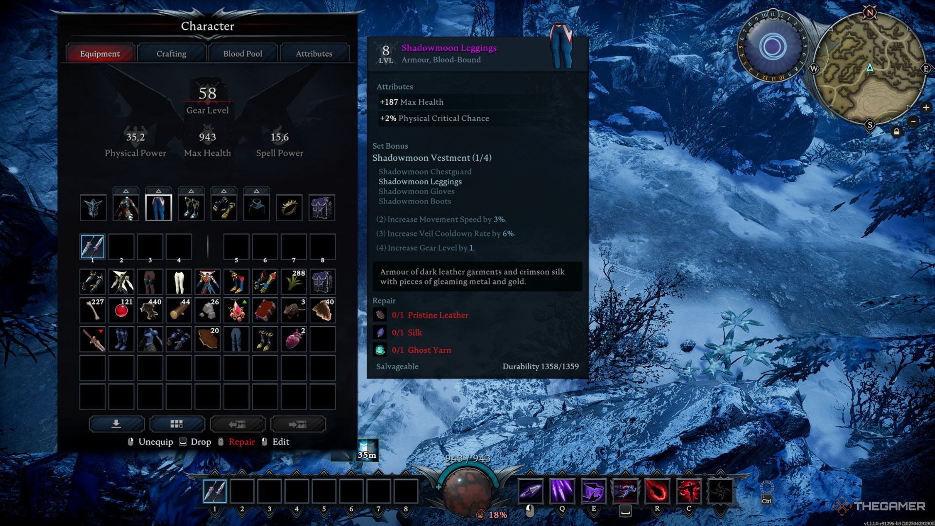 The player character shows the item in his inventory with the listed repair cost in V Rising.