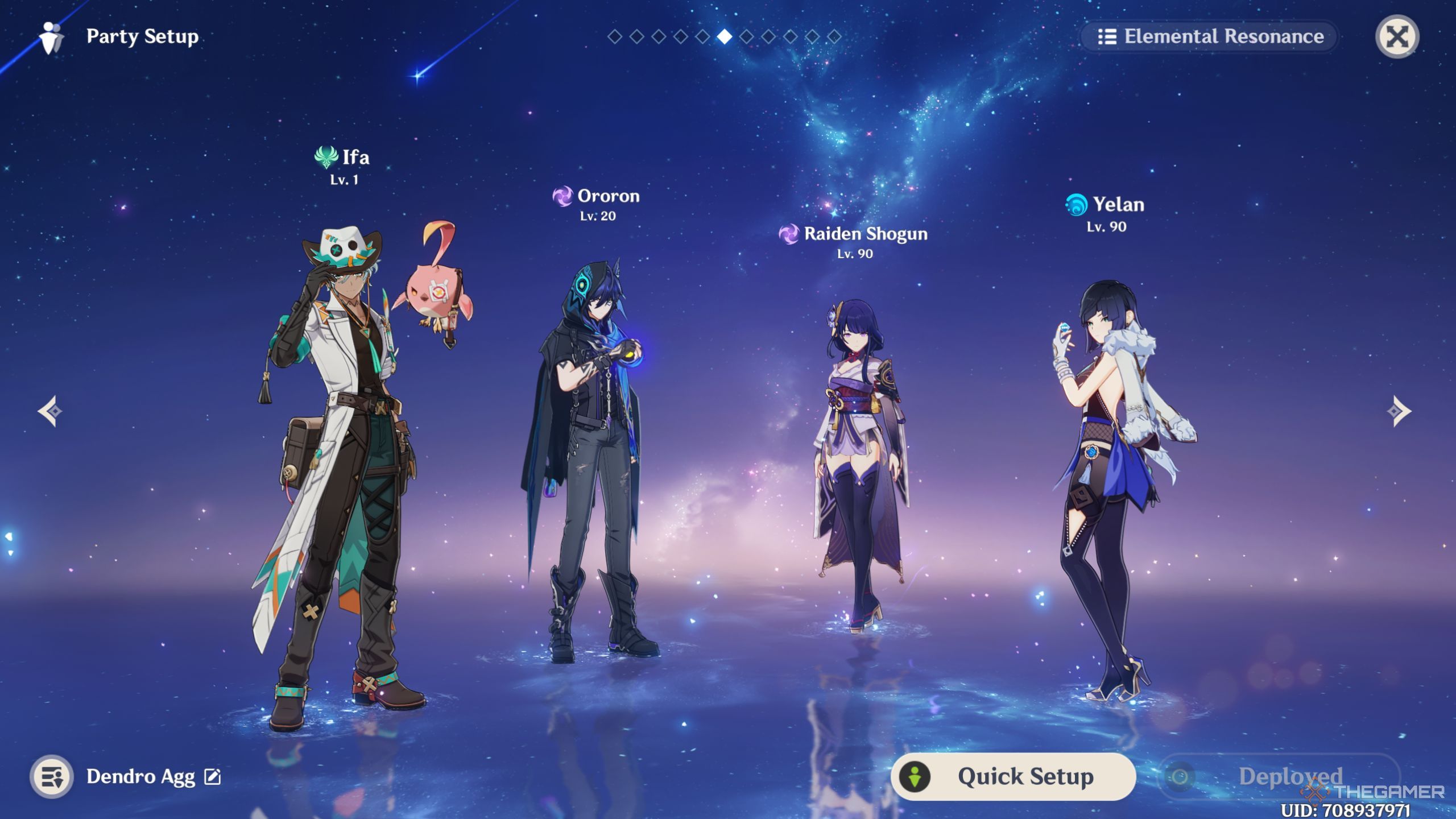 Genshin Impact Ifa team with ororon, raiden shogun, and yelan.