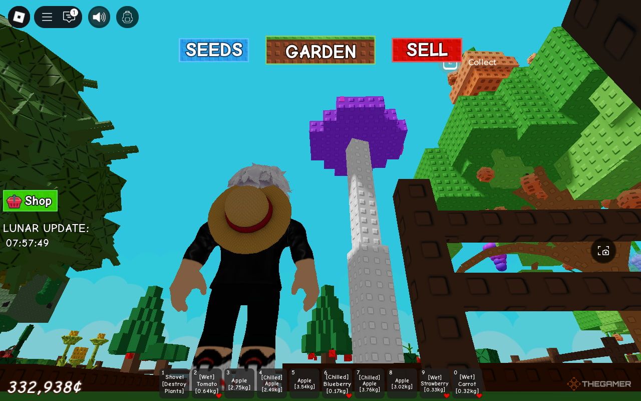 A player looks up as a fully grown mushroom in Grow A Garden. 