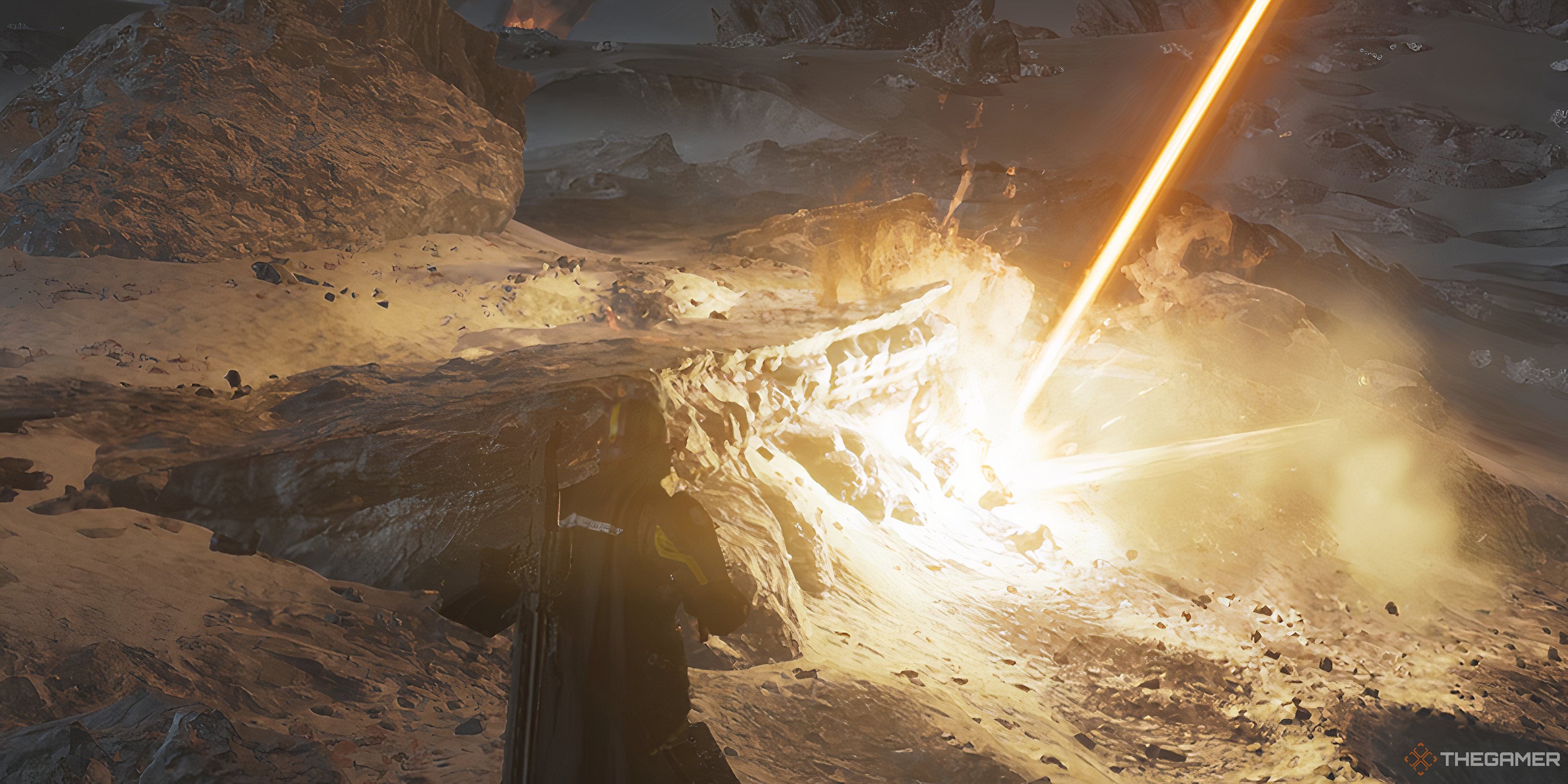 یک پرتوی لیزر غول پیکر در مقابل بازیکن منفجر می شود و در Helldivers 2 به جلو نگاه می کند.