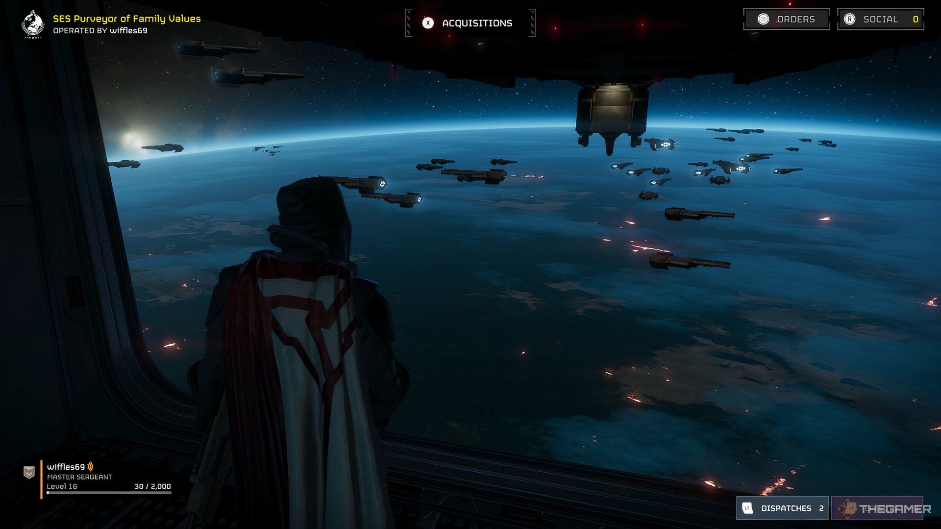 The players are looking out of their ship in Haldures 2. At a distance, there are other ships floating above the blue planet. 