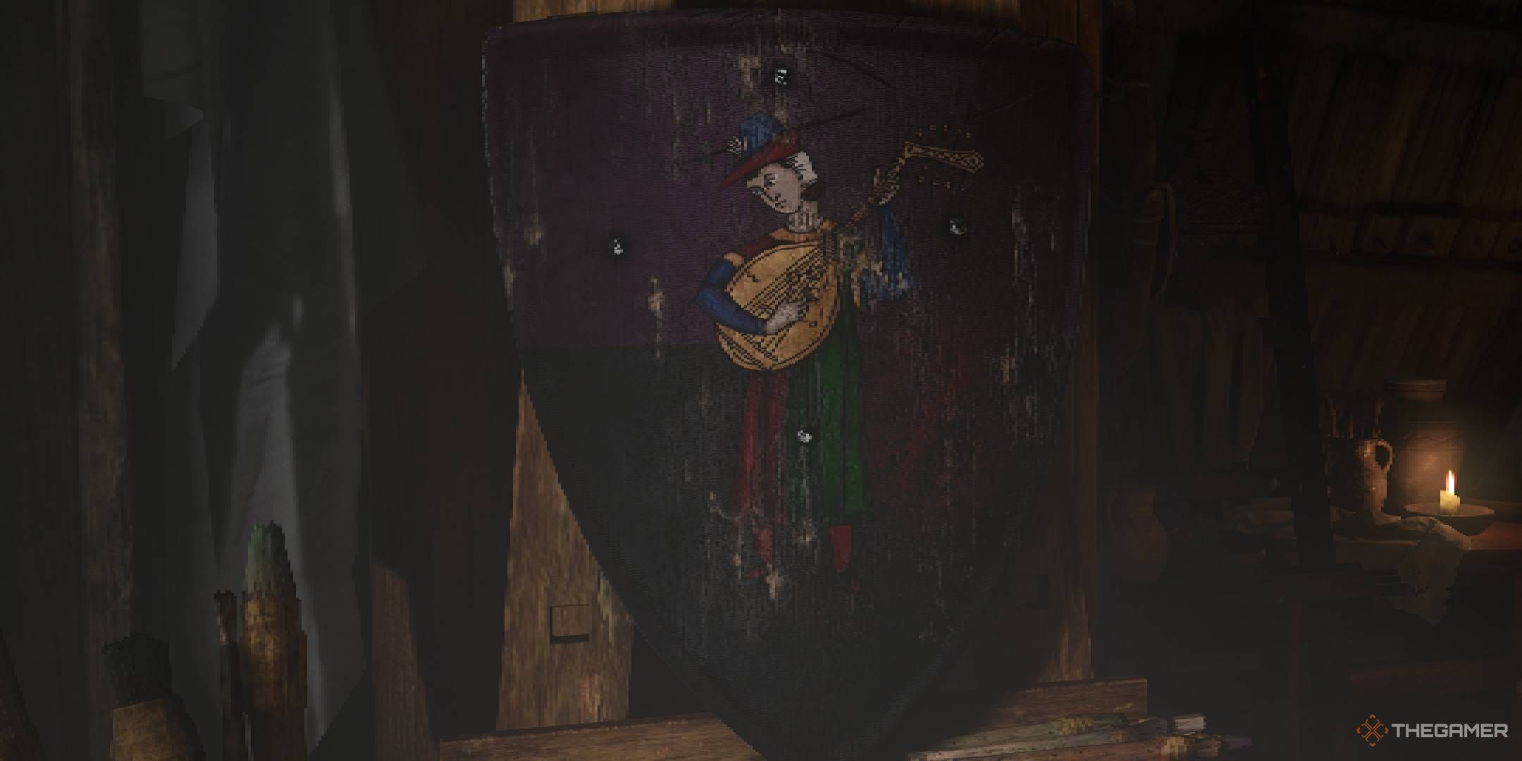 Kingdom Come Deliverance 2 shield painting Bard design with a man playing the lute.