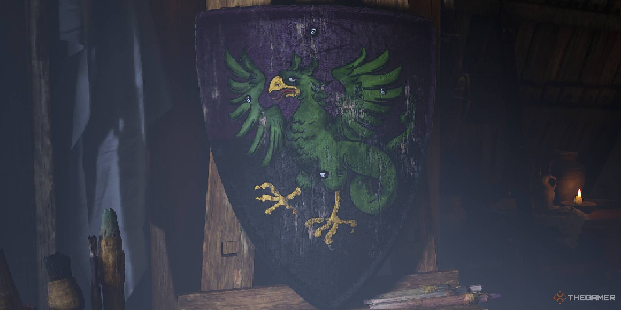Kingdom Come Deliverance 2 shield painting Basilisk design with a green basilisk sticking it's tongue out.