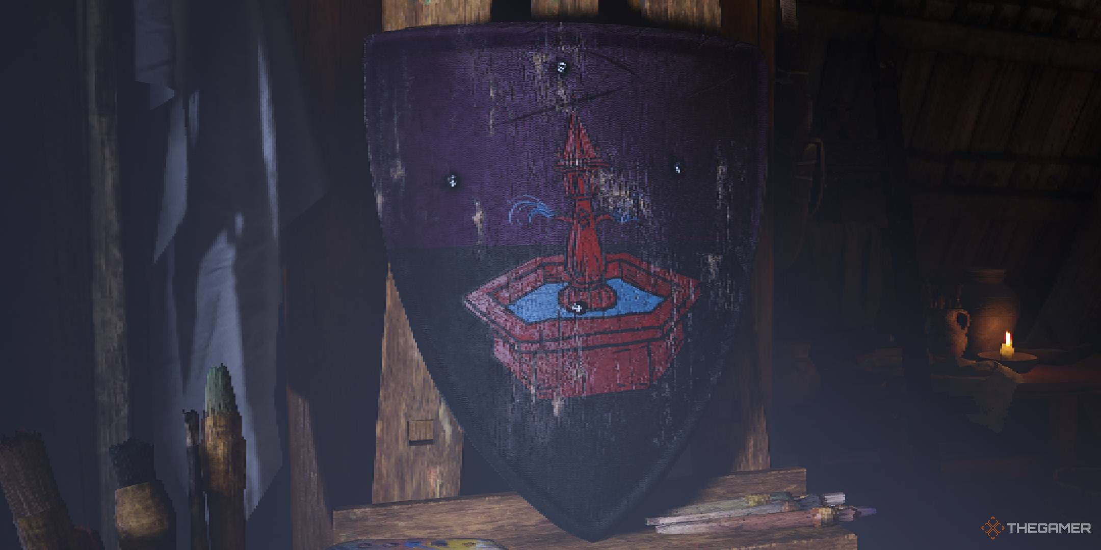Kingdom Come Deliverance 2 shield painting Fountain design with the red fountain in the middle.
