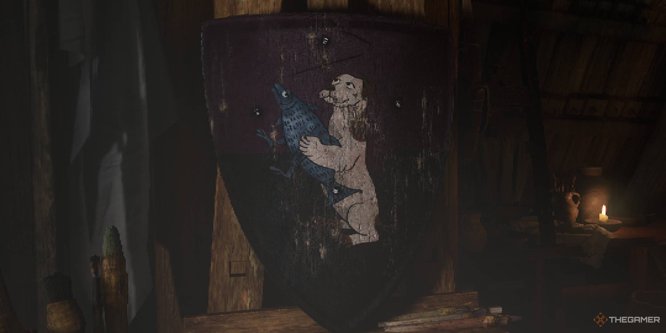 Kingdom Come Deliverance 2 shield painting Good Boy with Mutt holding a fish.