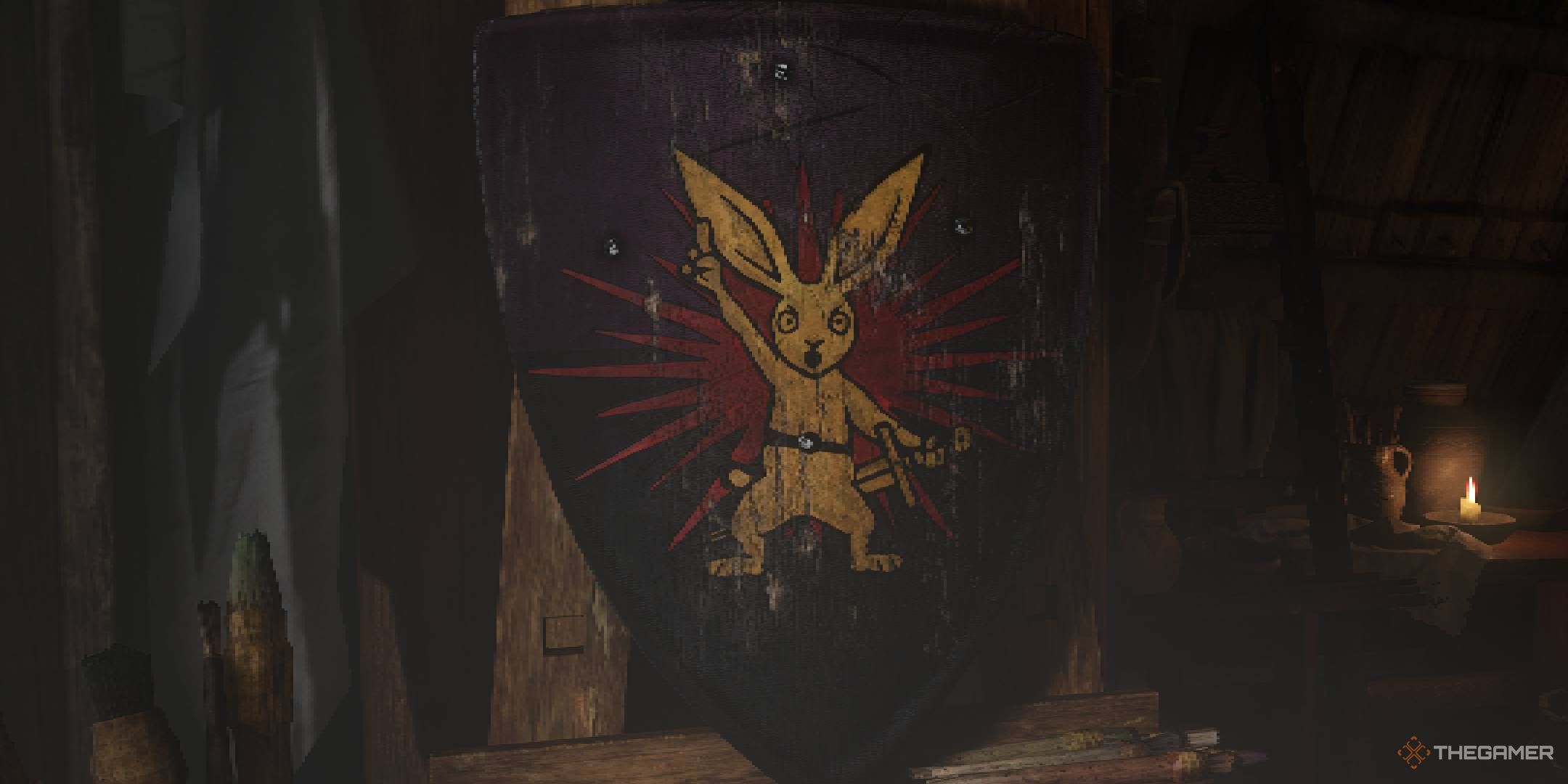 Kingdom Come Deliverance 2 shield painting Guard Hare design with the guard holding up his finger.