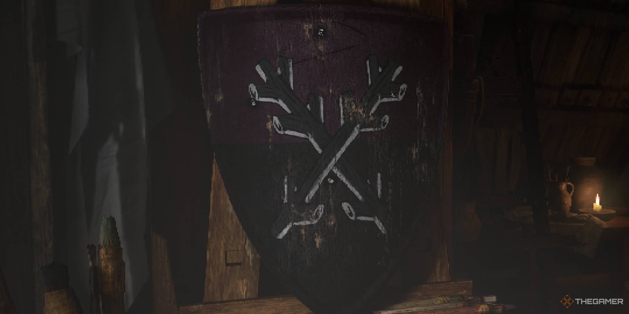 Kingdom Come Deliverance 2 shield painting Leipa Crest design with two black sticks overlapping.