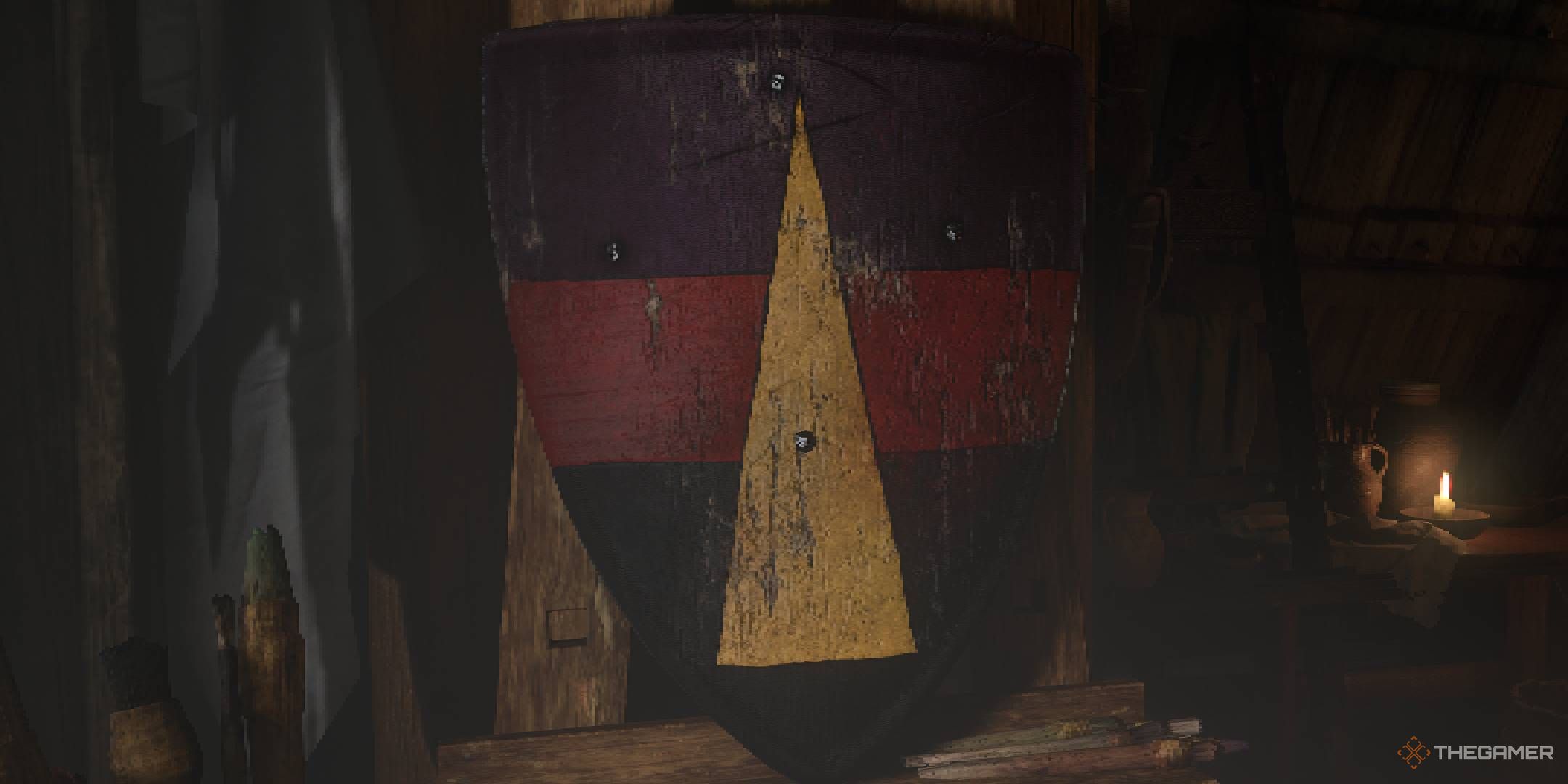 Kingdom Come Deliverance 2 shield painting Skalitz Crest design with a red middle stripe and yellow triangle.