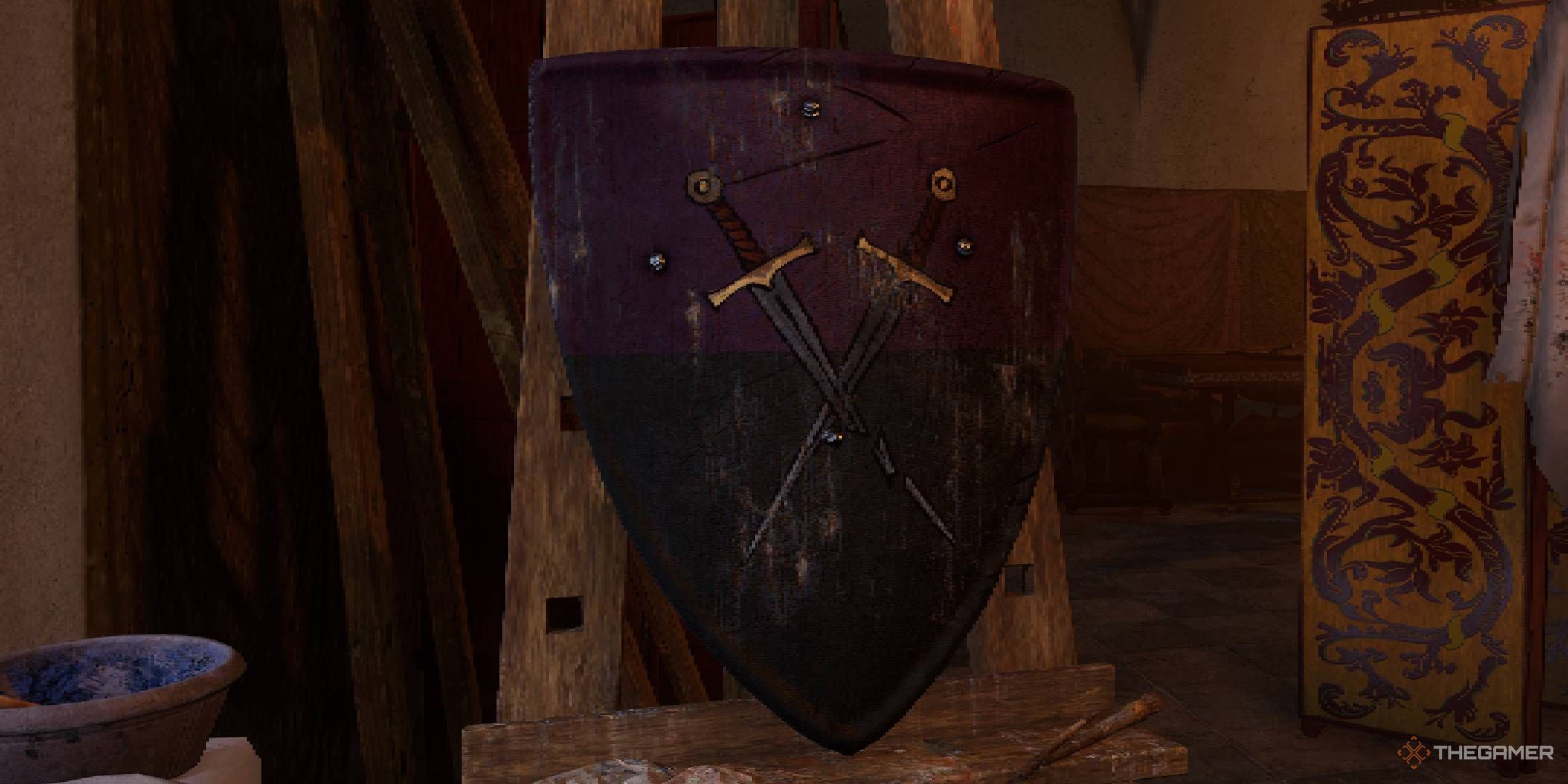 Kingdom Come Deliverance 2 shield painting Swords In Saltire design with two swords crossed over each other.