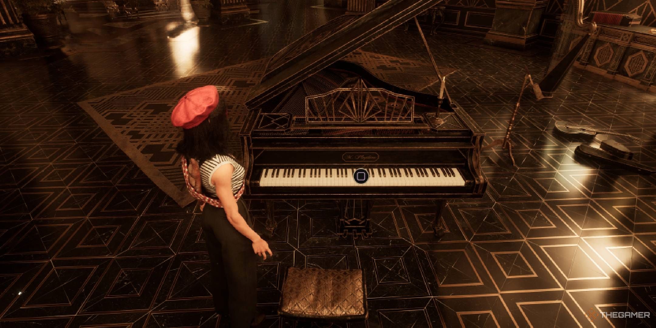 Lune looking at the Manor piano in Clair Obscur Expedition 33.