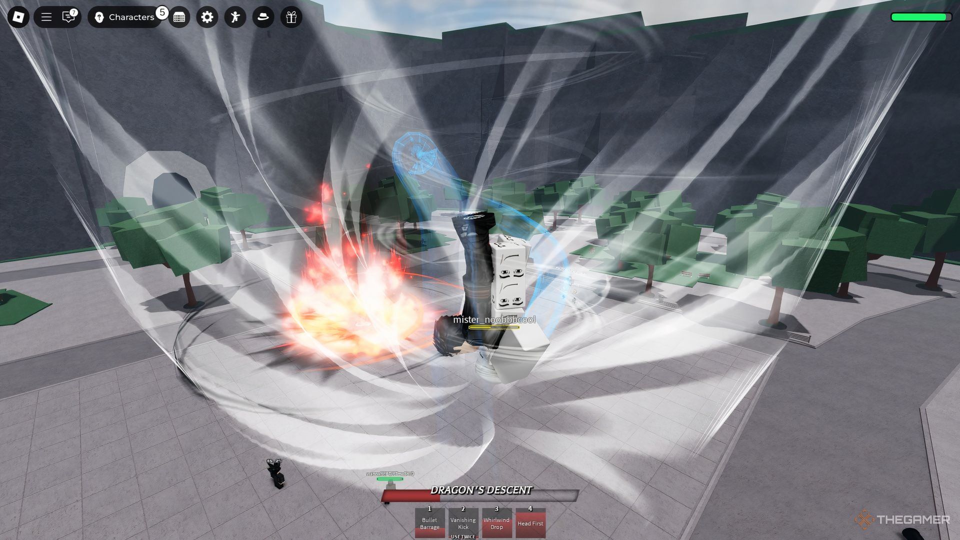 Martial Artist spiraling down an opponent in Roblox The Strongest Battlegrounds.