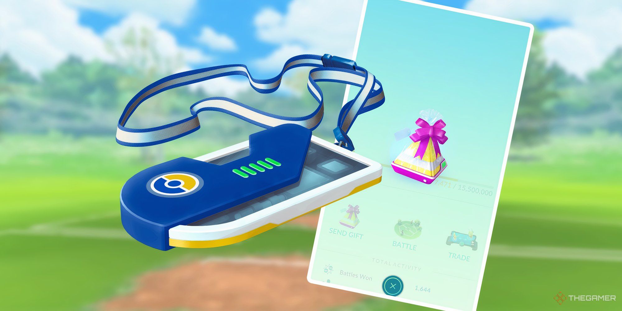 A Pokémon Go ticket in front of a gift from Pokémon Go.