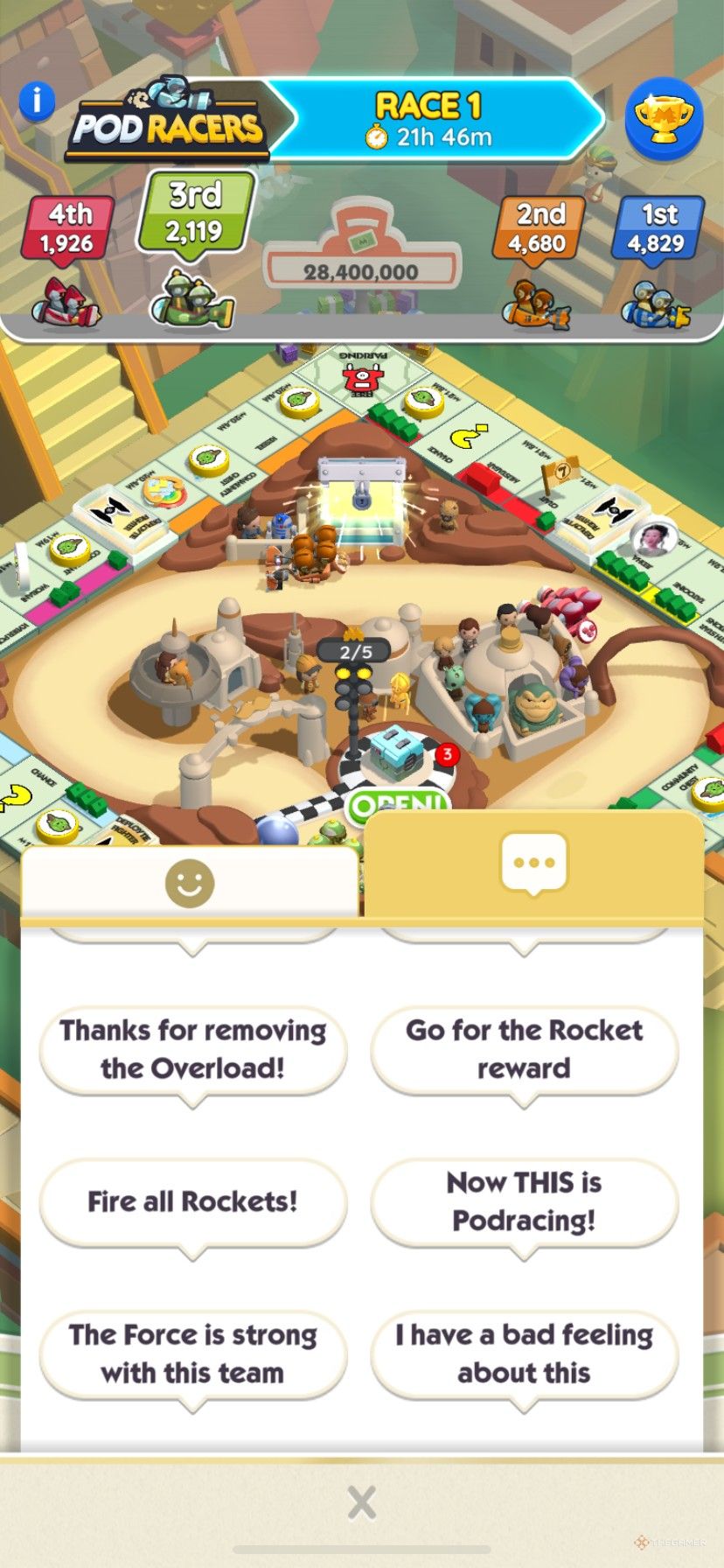 Messages you can send teammates in Pod Racers in Monopoly Go.