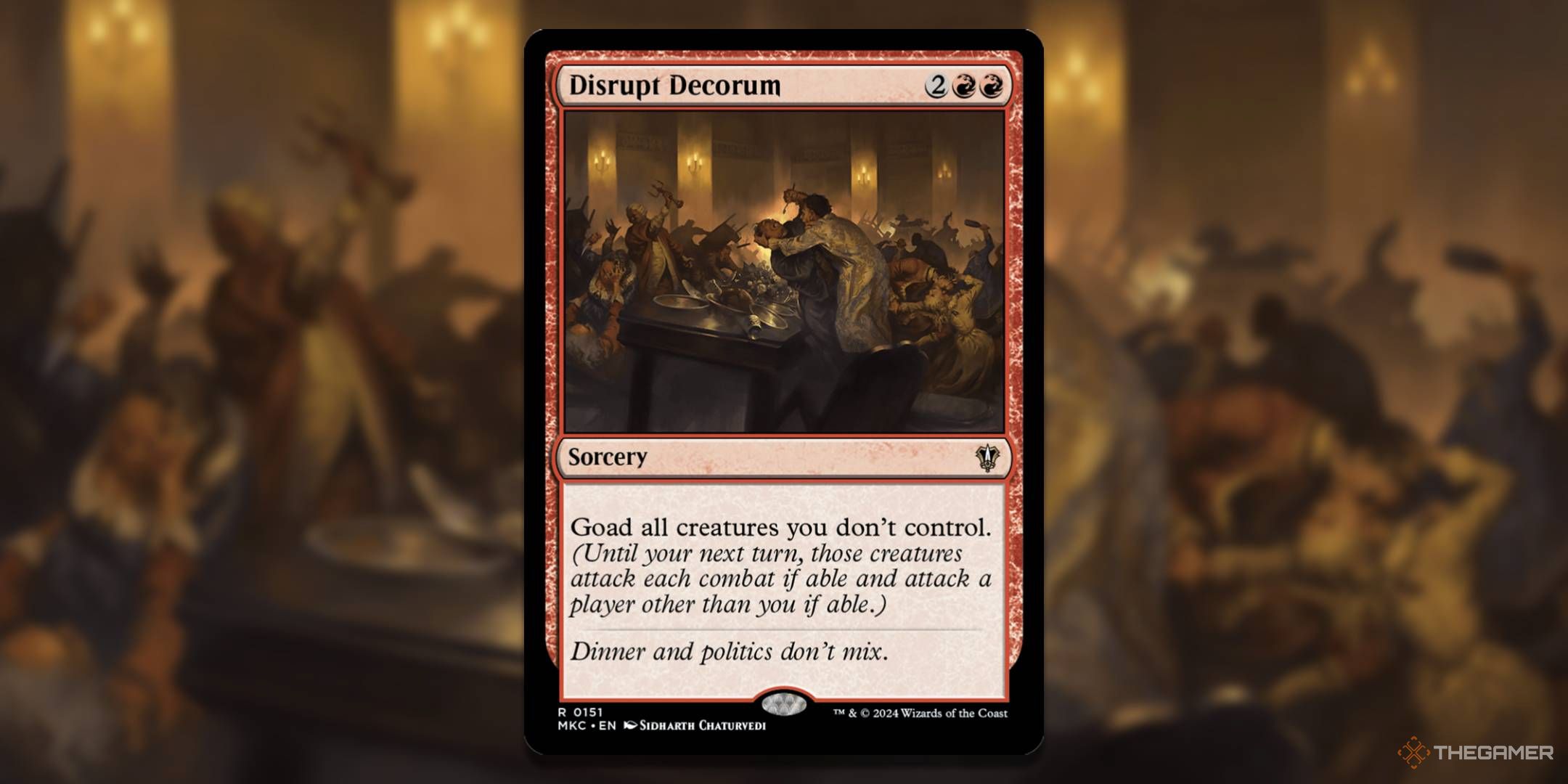 MTG Disrupt Decorum card with the art in the background.