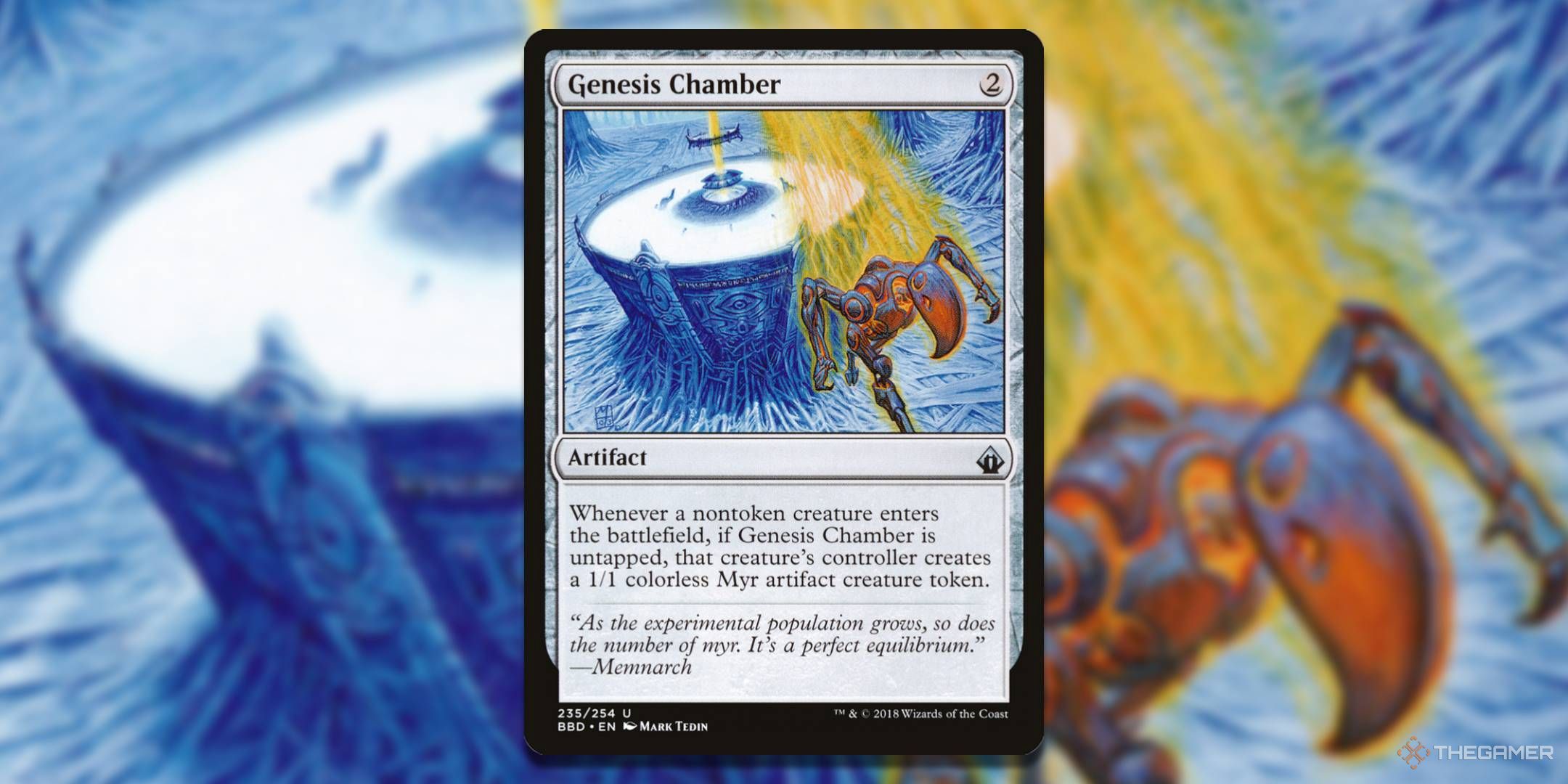 MTG Genesis Chamber card with the art in the background.
