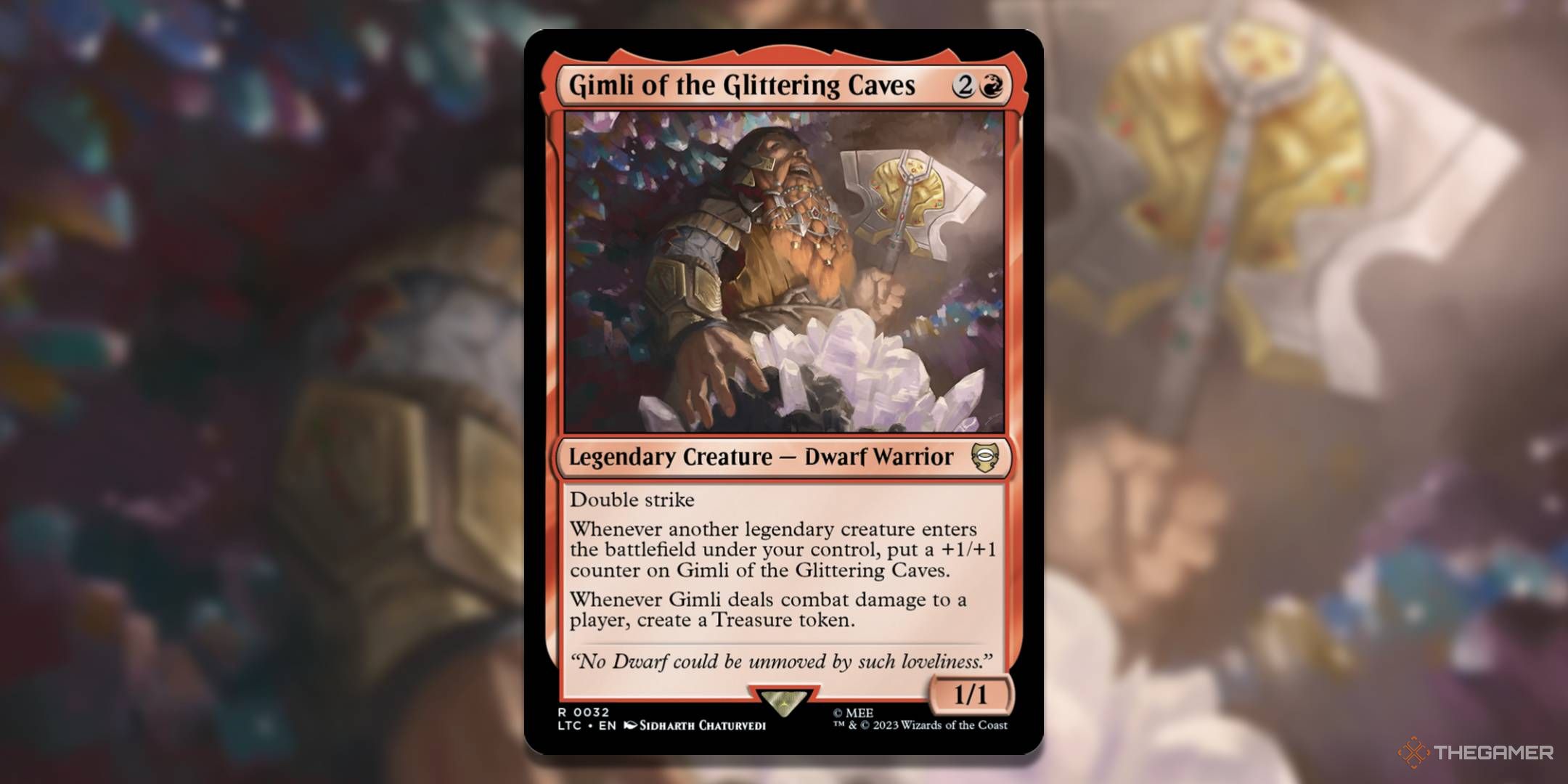 MTG Gimli of the Glittering Caves card with the art in the background.