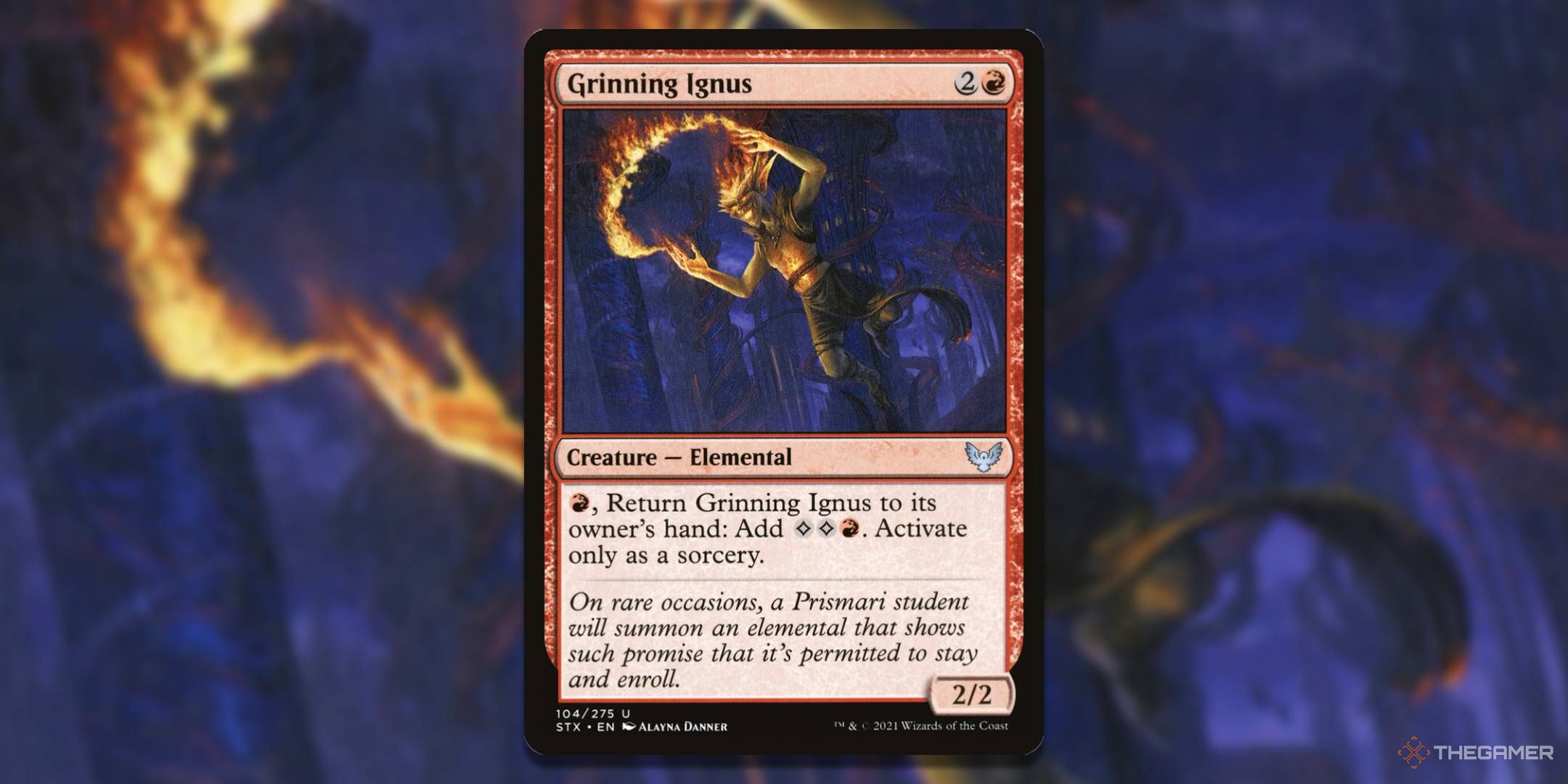 MTG Grinning Ignus card with the art in the background.