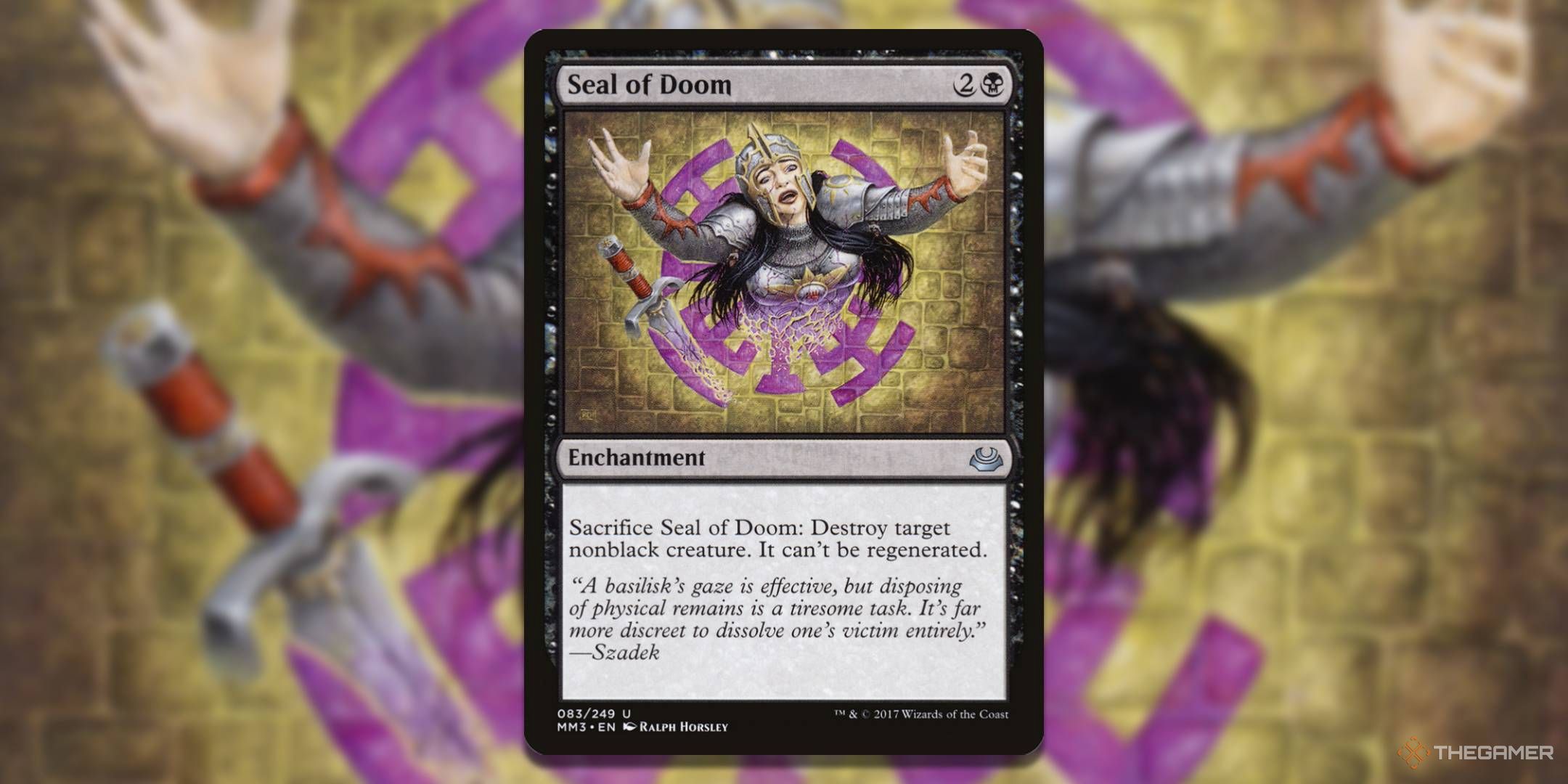 MTG Seal of Doom card with the art in the background.