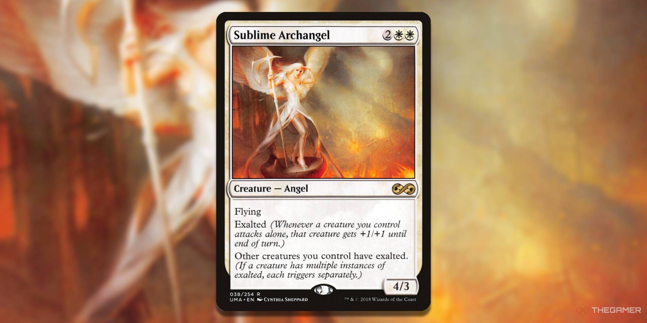 MTG Sublime Archangel card with the art in the background.