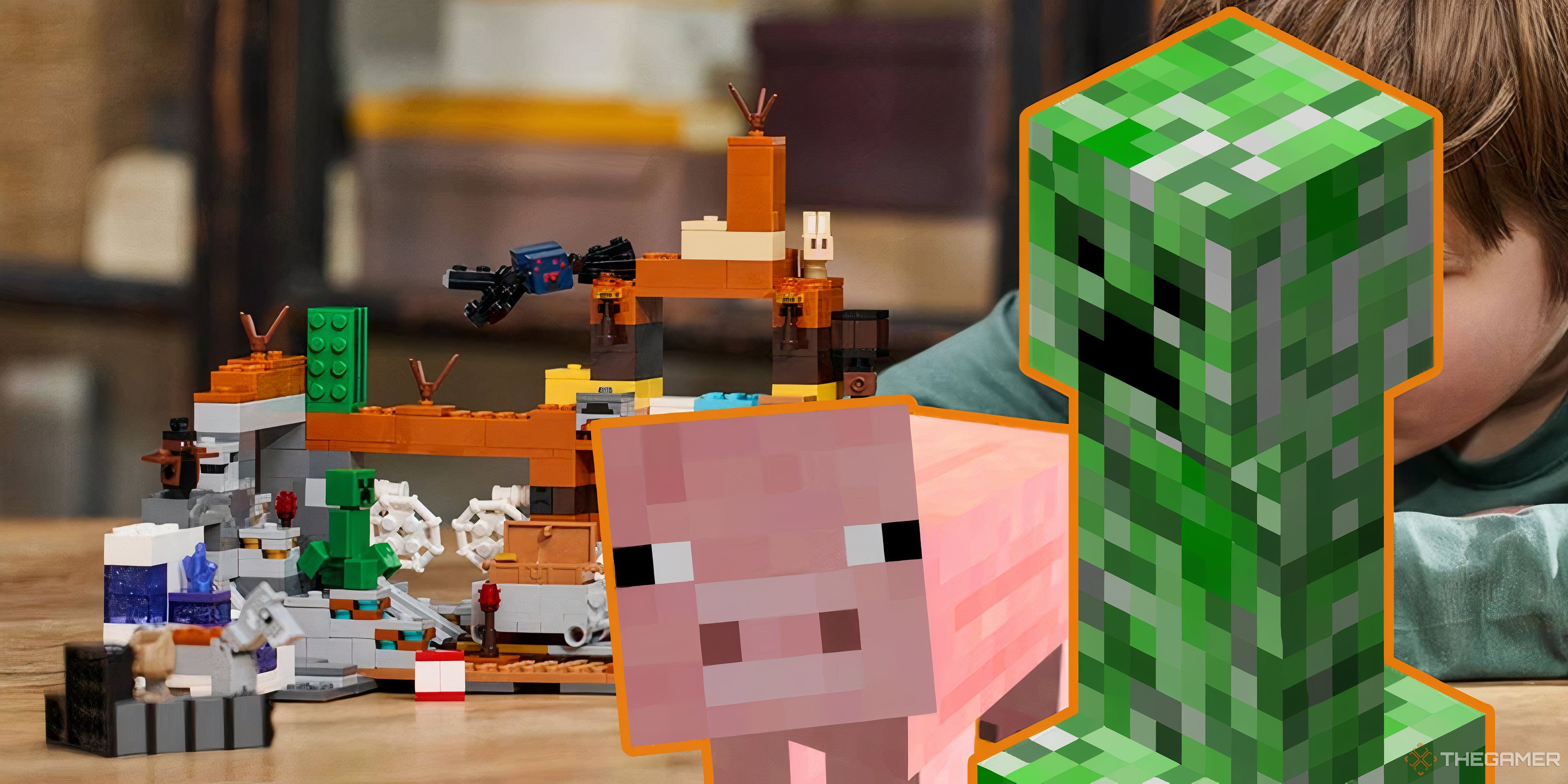 minecraft creeper and pig in front of a minecraft lego set.
