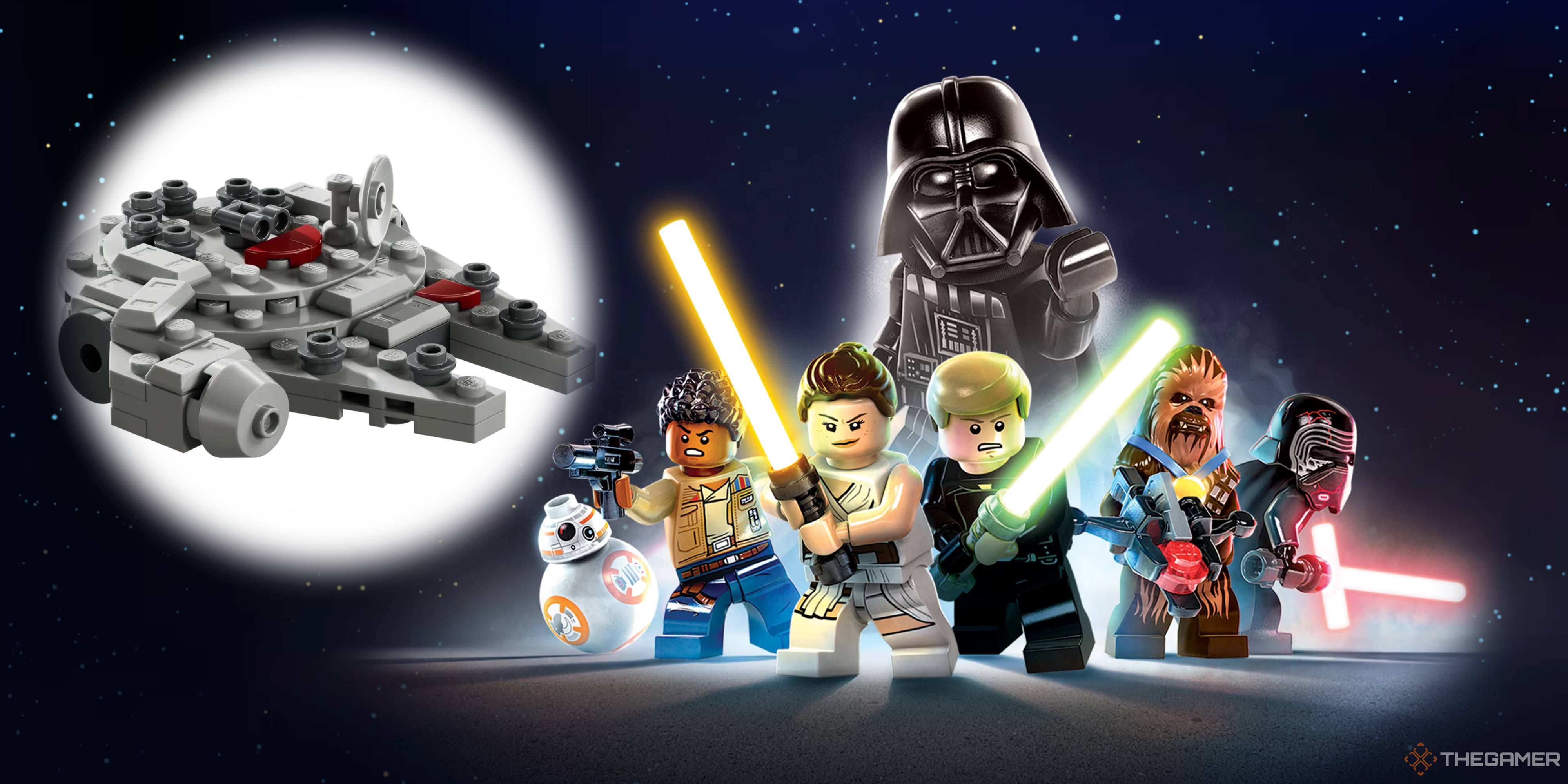 lego millennium falcon mini build next to characters from lego star wars the skywalker saga.