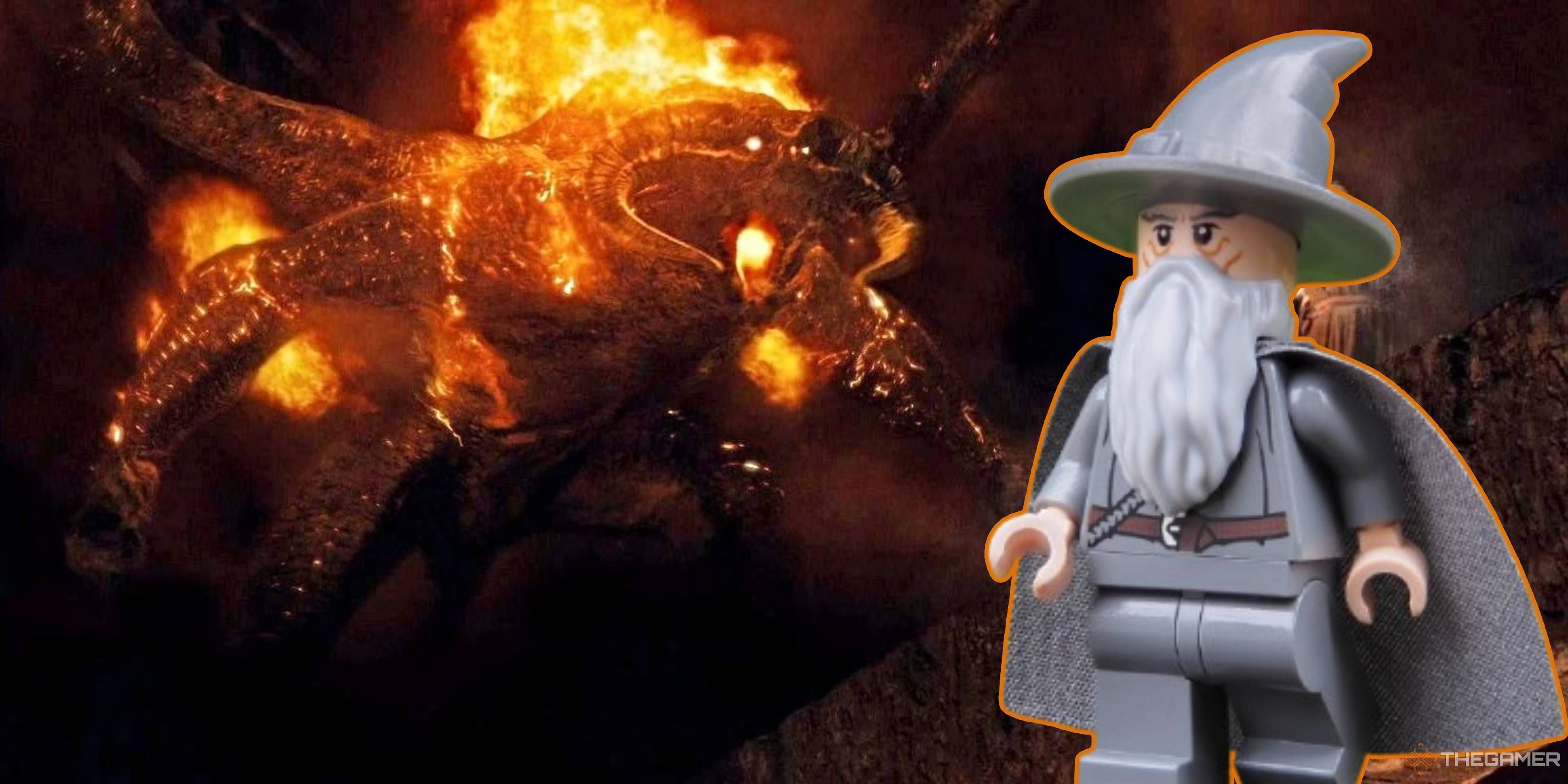 gandalf lego minifigure next to a roaring balrog.