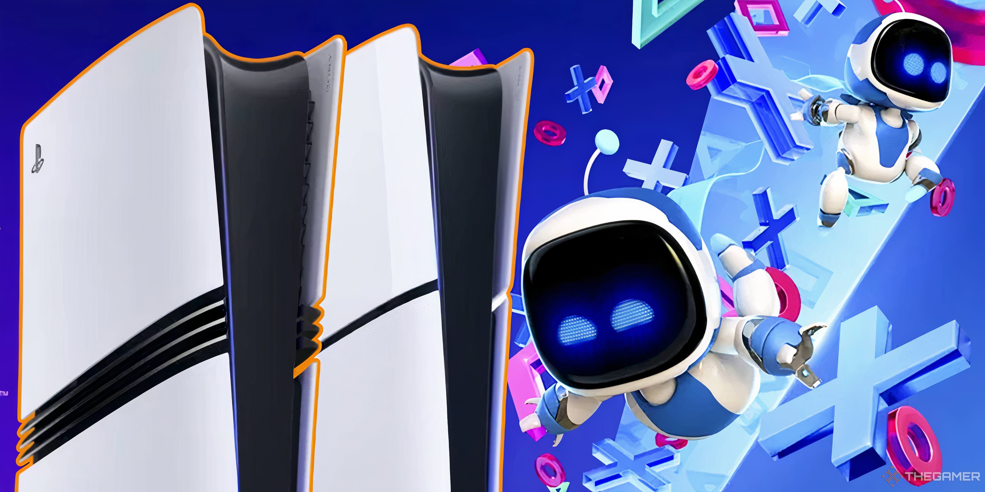 ps5 and ps5 pro next to astro bots and playstation symbols.