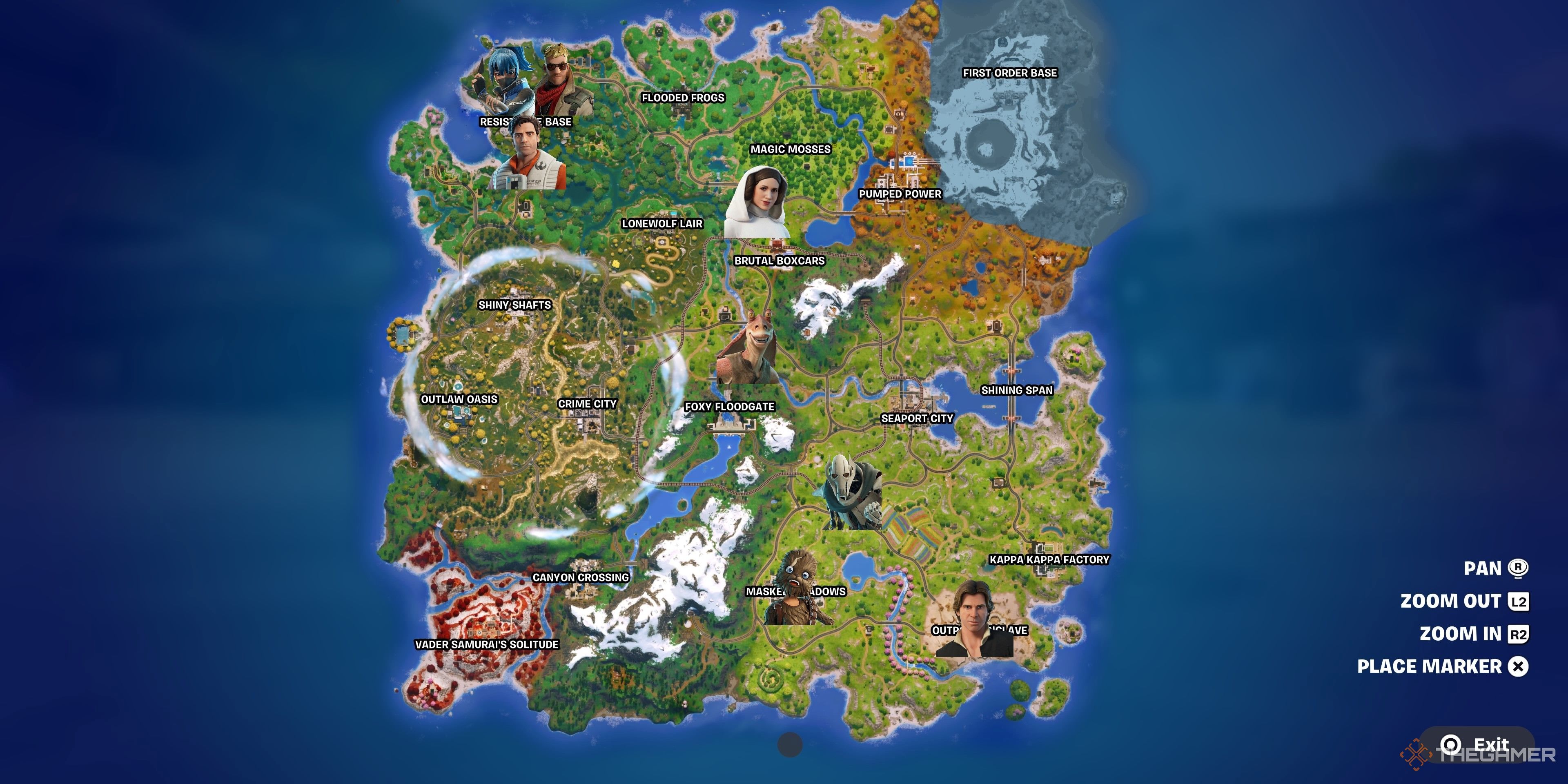 View Season 6 Chapter 3 Map with NPC images modified to their location in Fortnite.