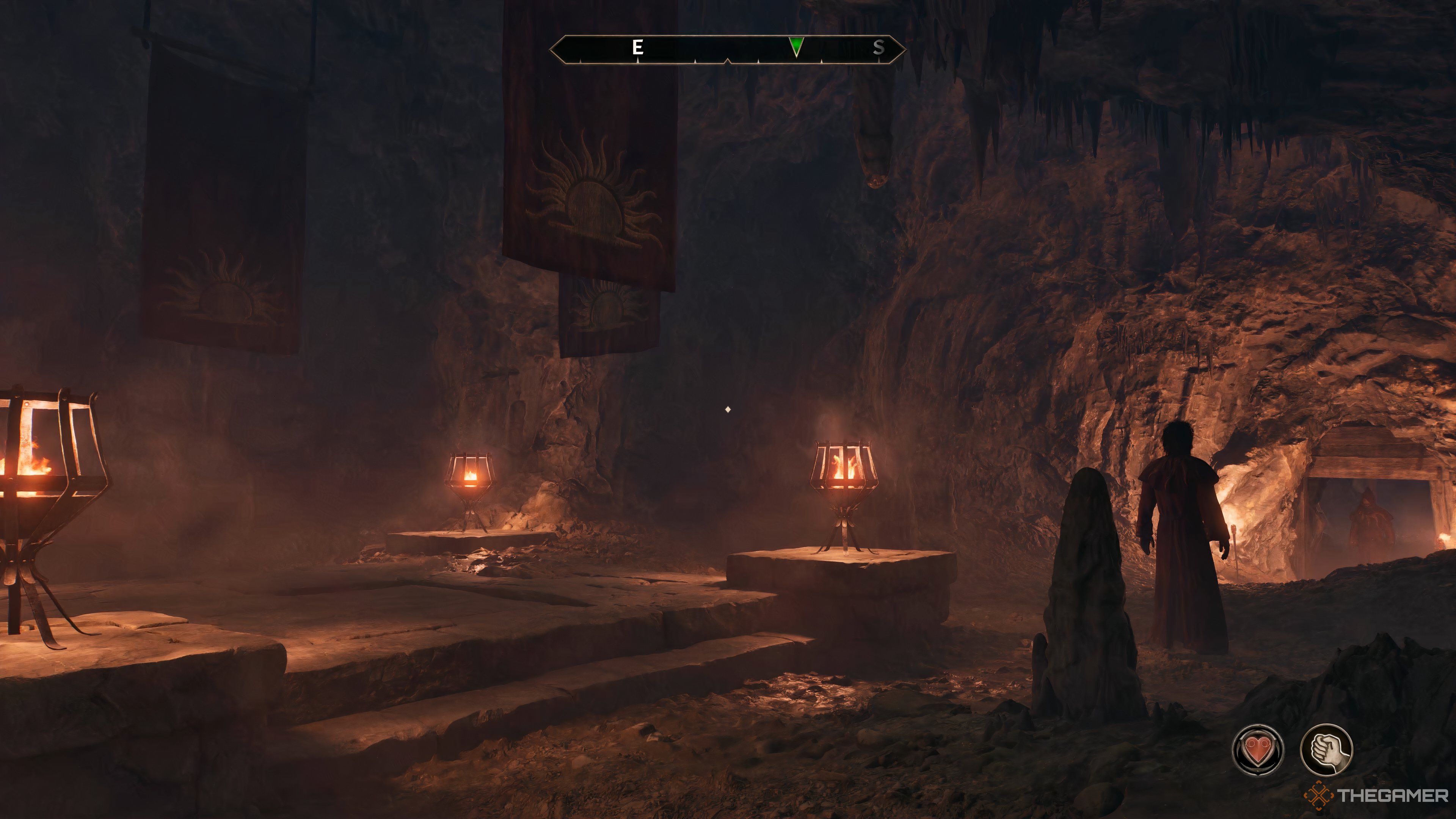 The Dagon Shrine Caves with banners and fires during a main story quest in Oblivion Remastered.