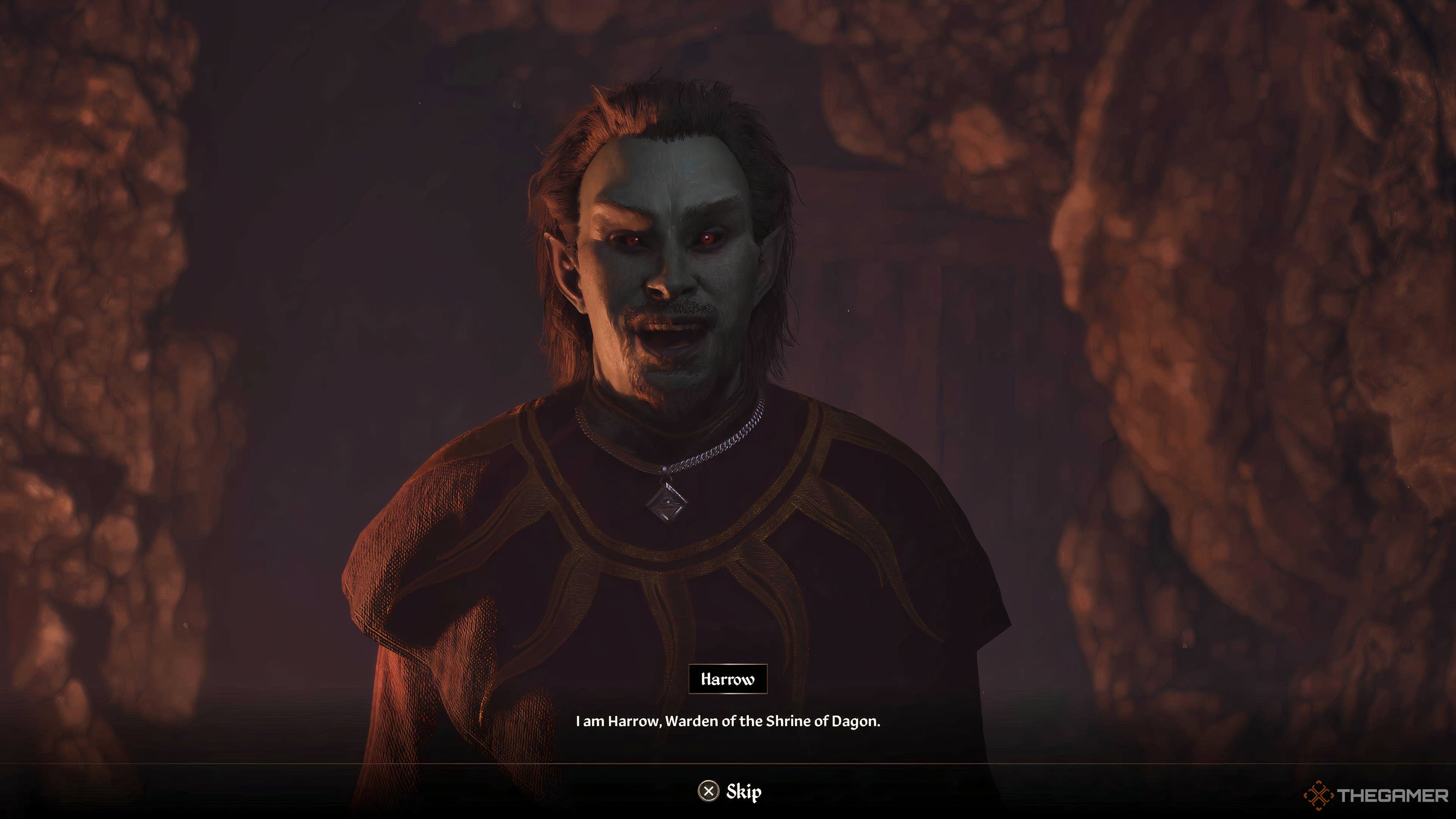 Mythic Dawn member Harrow speaking to the player in the Dagon Shrine main story quest in Oblivion Remastered.