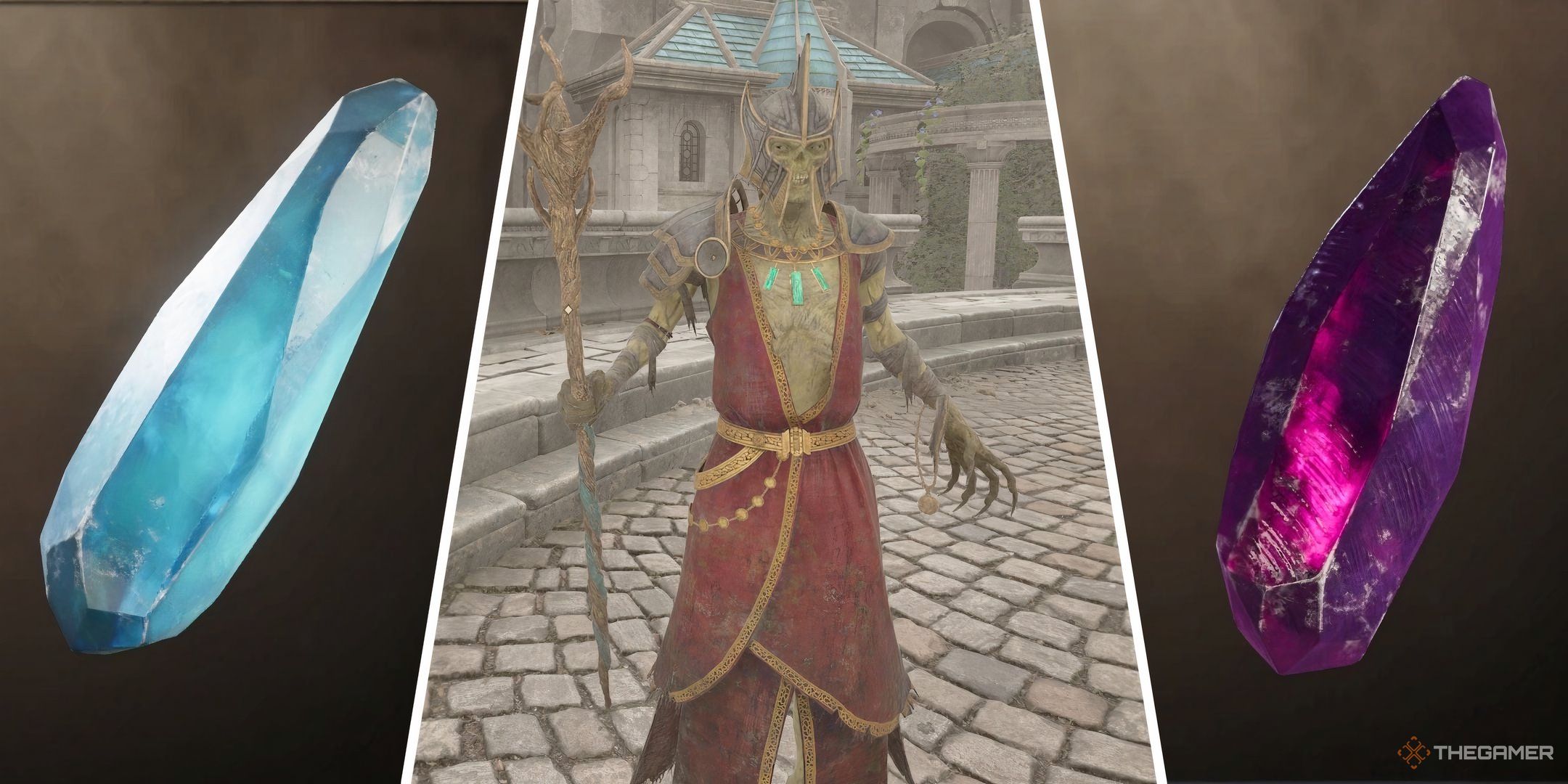 A split image of a Grand Soul Gem, a Lich, and Black Soul Gem in Oblivion Remastered.