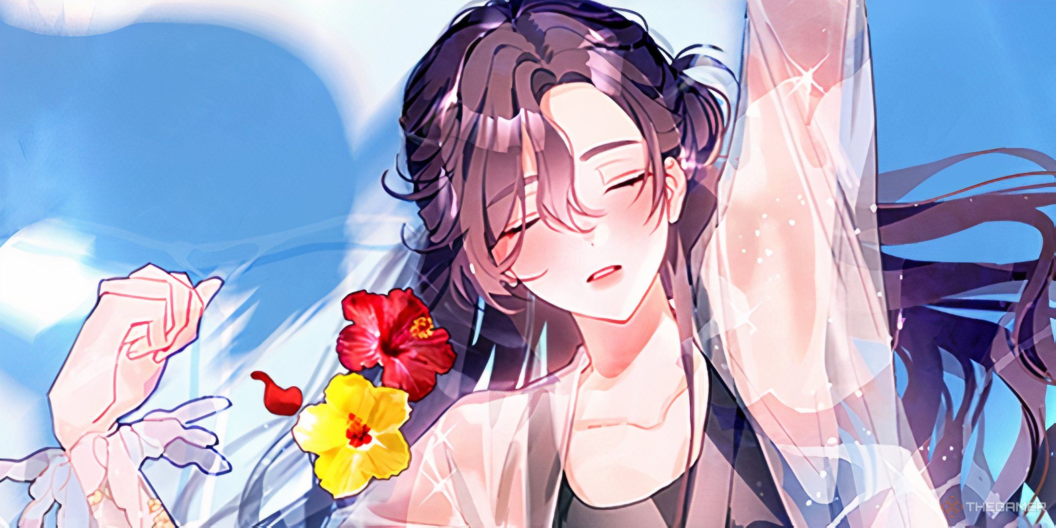 A woman laying in a sky sea with hibiscus flowers.