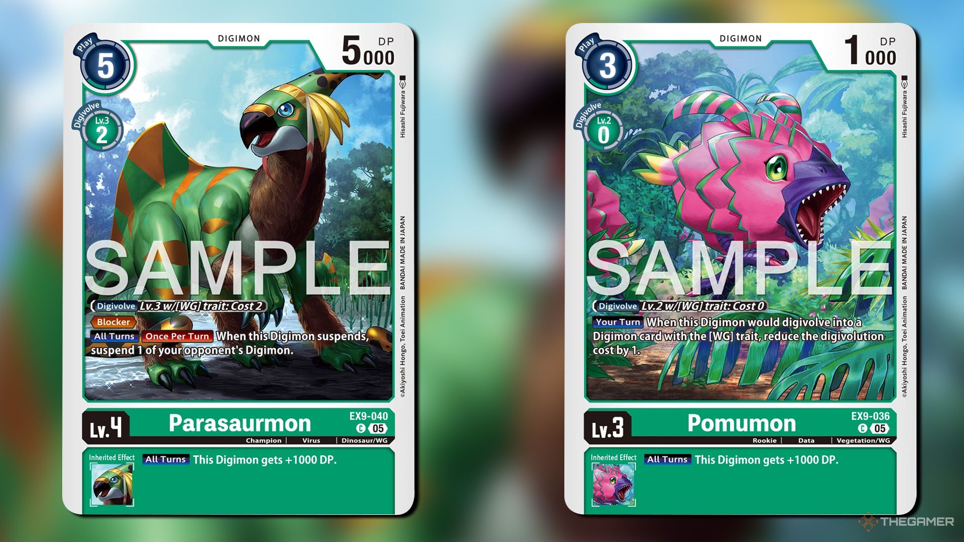 Parasaurmon and Pomumon from additional strengthening against monsters in Digimon card game.