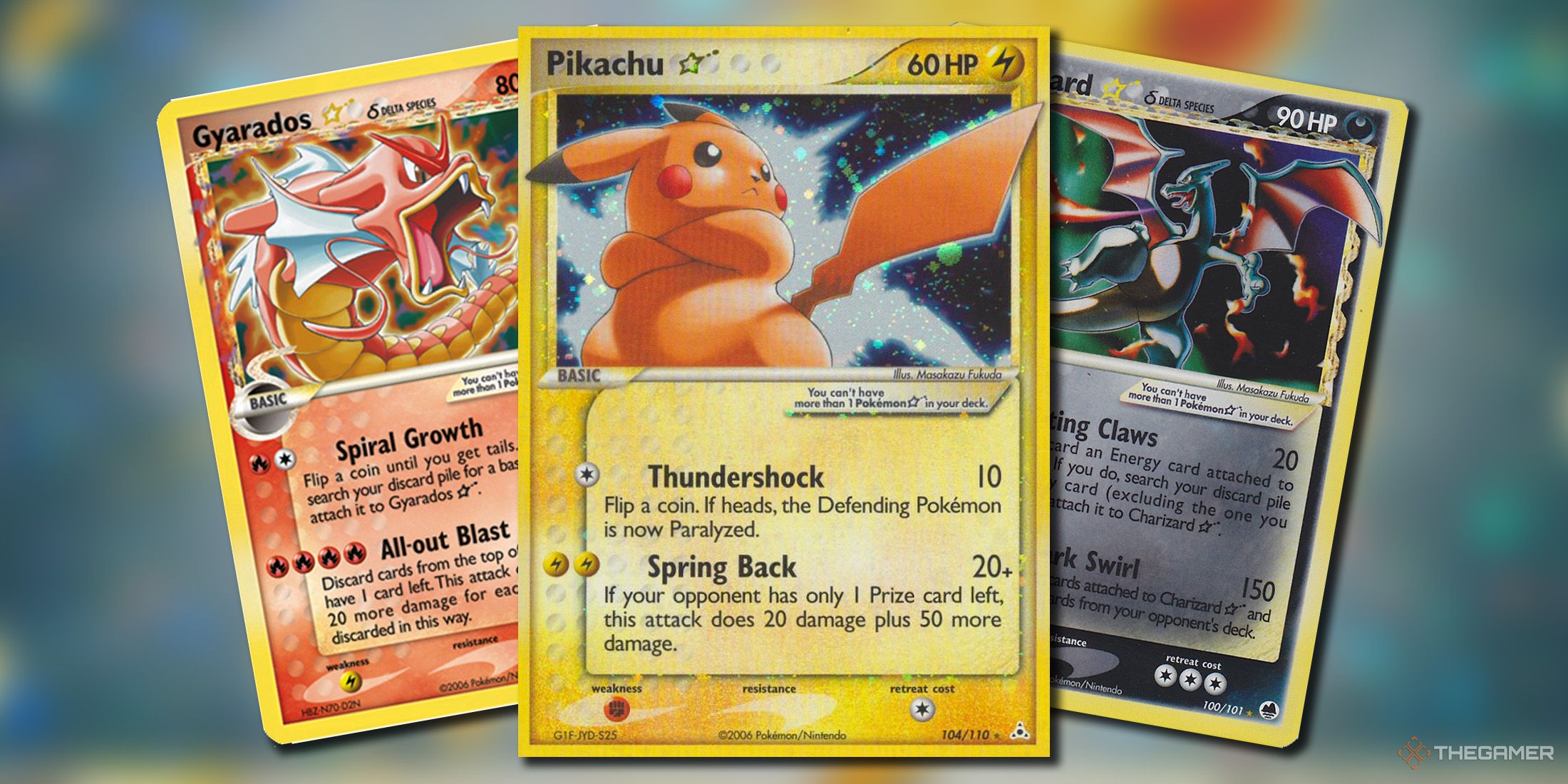Pikachu Star, Gyarados Star Delta Species and Charizard Star Delta Species cards in Pokemon TCG.
