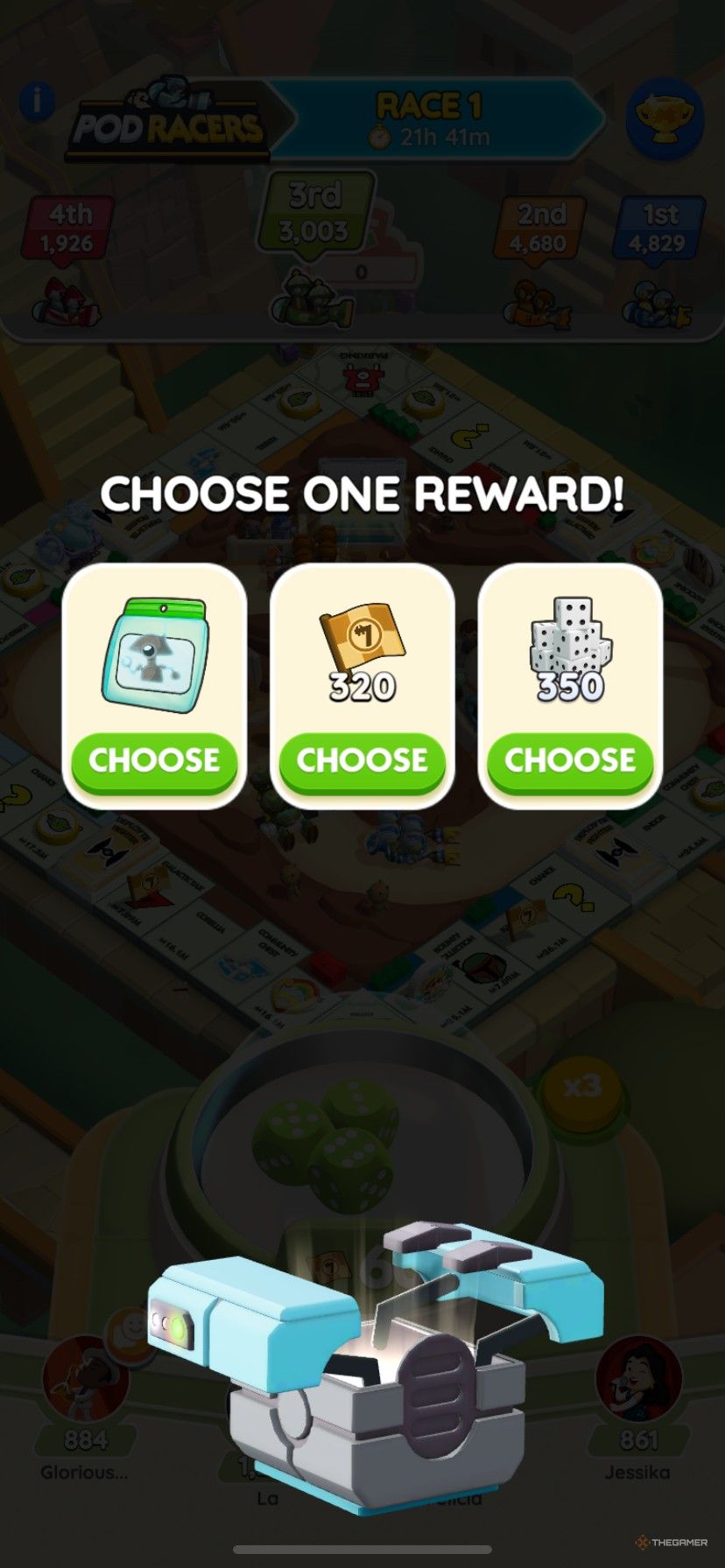 Pod Racers lap rewards list offering an emoji, free Pod Racers flags, and free dice rolls in Monopoly Go.