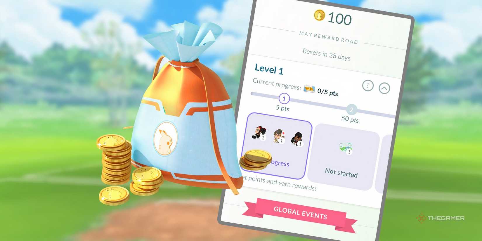 Pouch of PokeCoins next to the May Reward Road from Pokemon Go.
