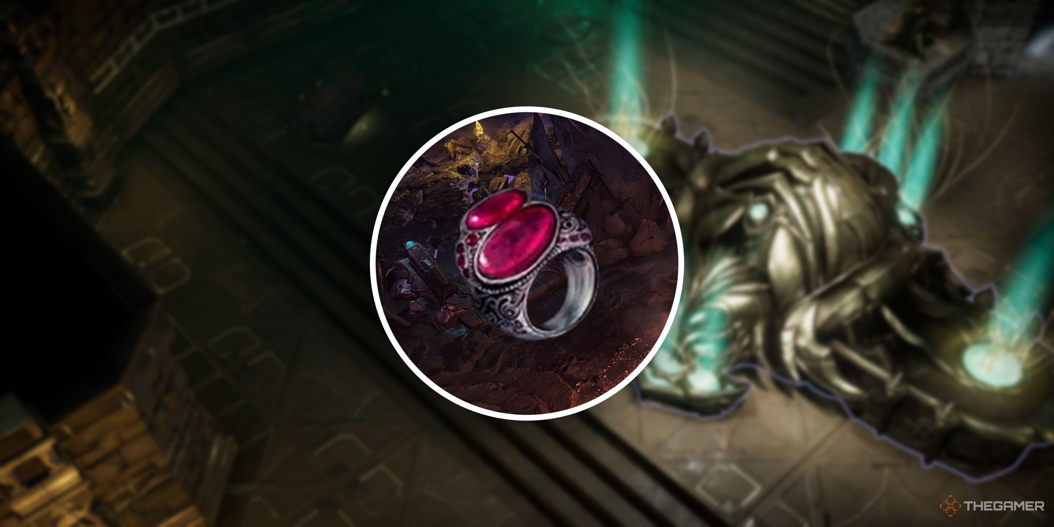 The Red Ring of Atlaria in a white circle, with a Woven machine in the background in Last Epoch.