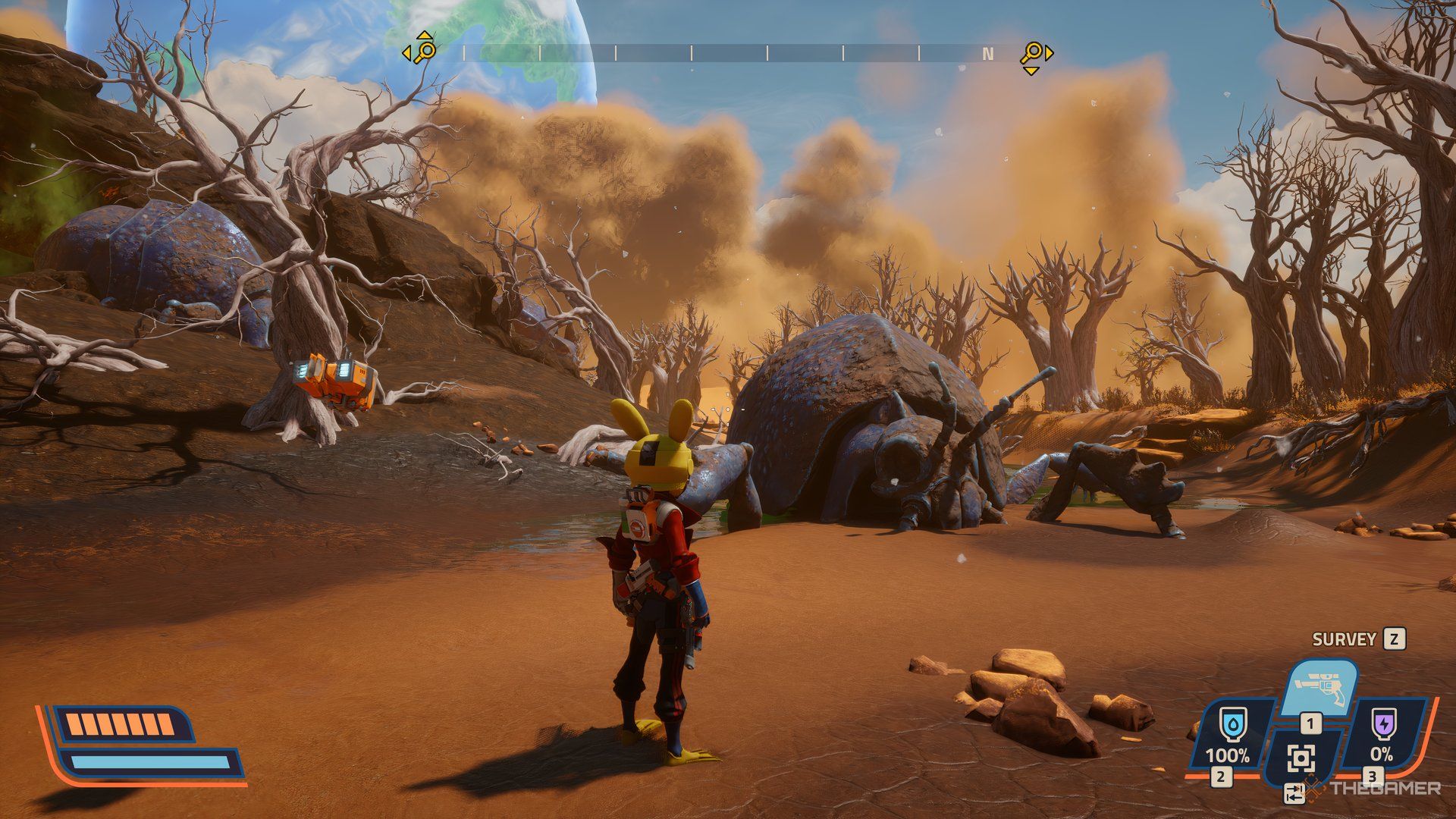 Player looking at large beetle that is dead in Revenge of the Savage Planet. There are trees and sand storm in the background.