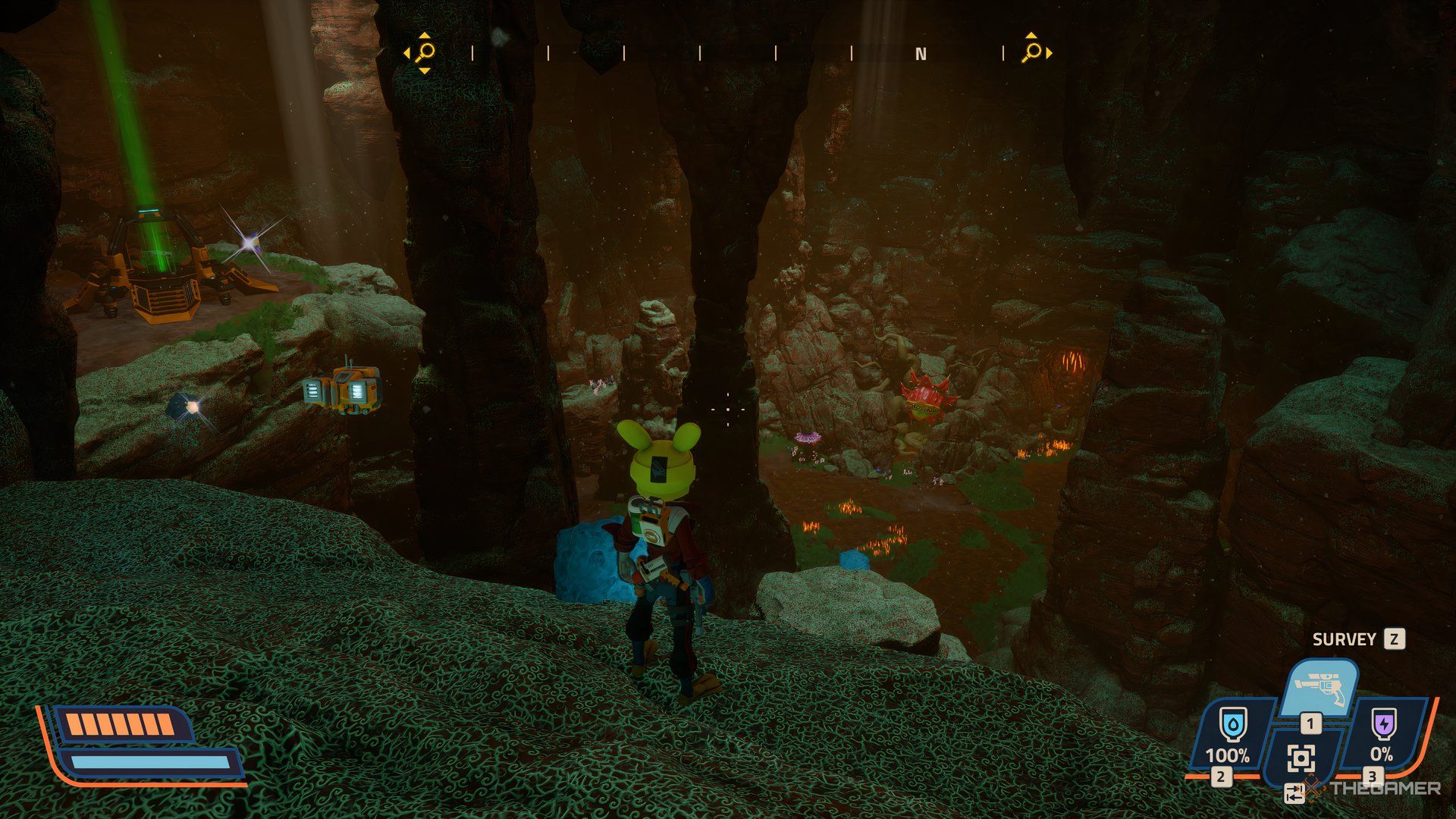 Player on a cliff looking down at man eating plants below in Revenge of the Savage Planet. There is a teleporter on his left.