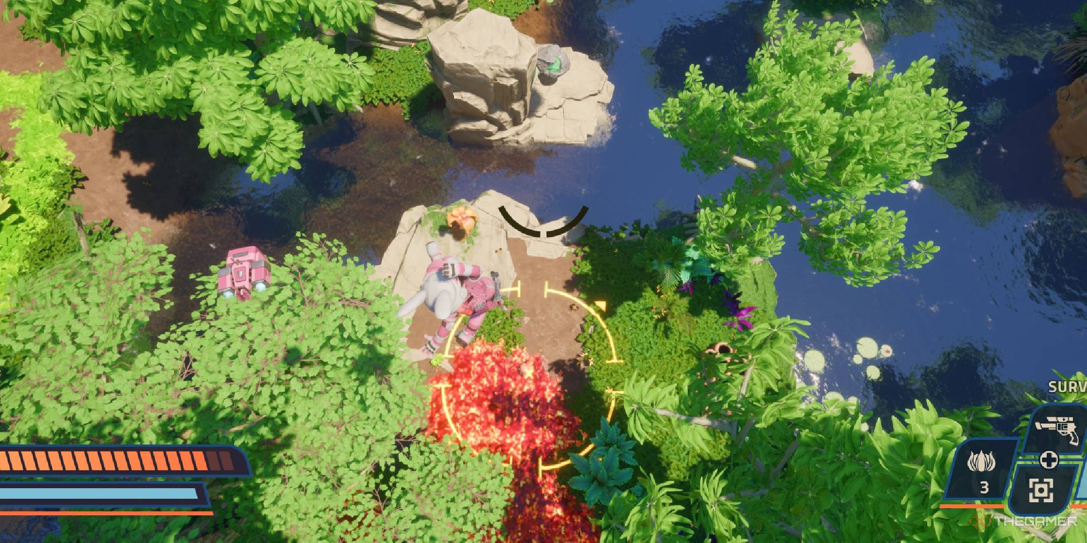 Revenge of the Savage Planet character about to stomp down on lava patch.
