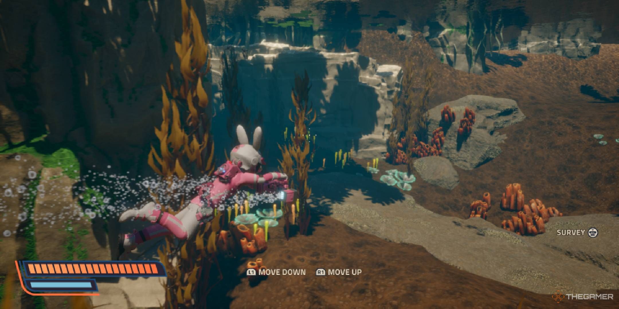 Revenge of the Savage Planet character diving in shallow pond using the Franx Underwater Scooter.